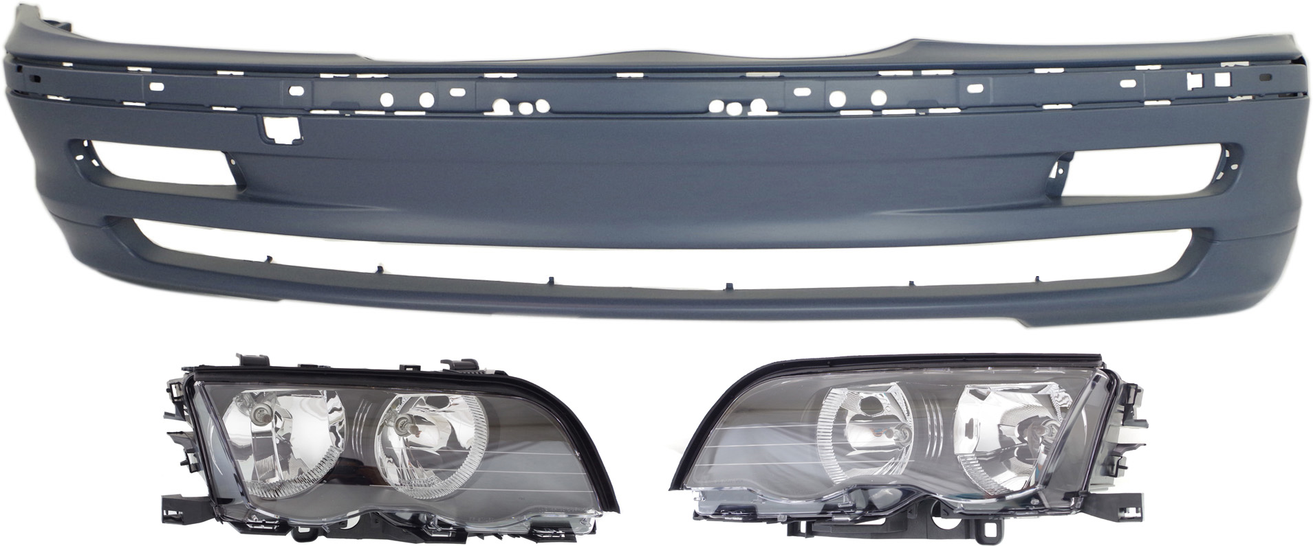 AM 3 SERIES 99-01 HEAD LAMP RH AND LH Assembly Halogen 3 pc Kit with Bumper Cover SKU KIT 071918-57 Partslink BM2503102 BM2502102 BM1000126 OEM 63126902754-63126902753-511181