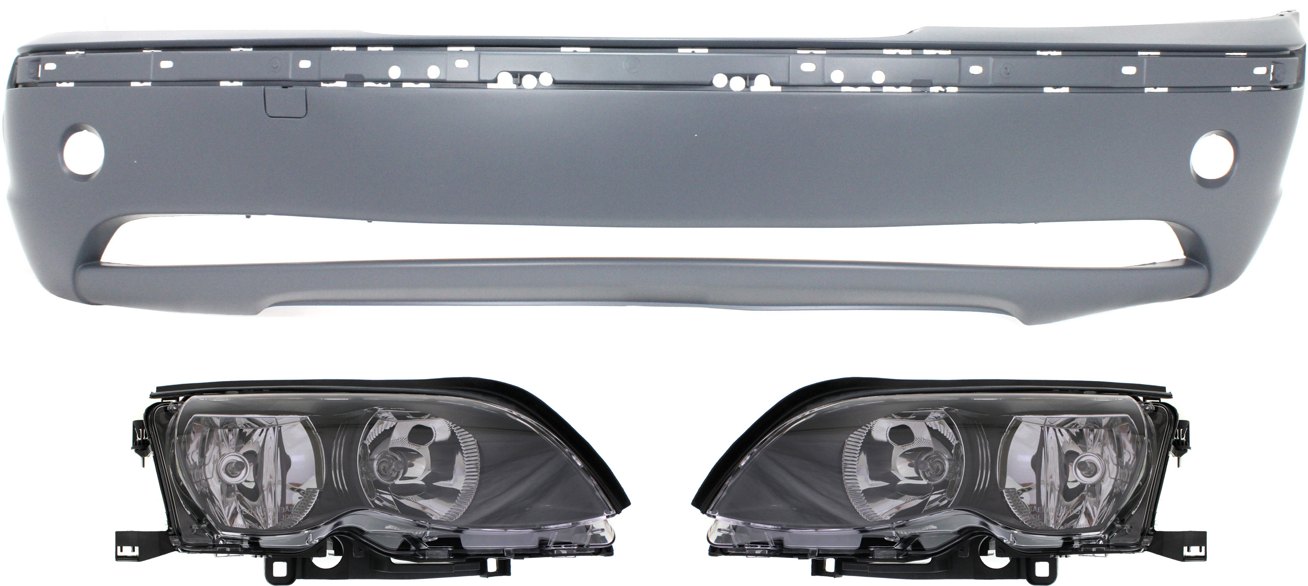 AM 3 SERIES 02-05 HEAD LAMP RH AND LH Assembly Halogen 3 pc Kit with Bumper Cover SKU KIT 071918-59 Partslink BM2503122 BM2502122 BM1000146 OEM 63127165772-63127165771-511170