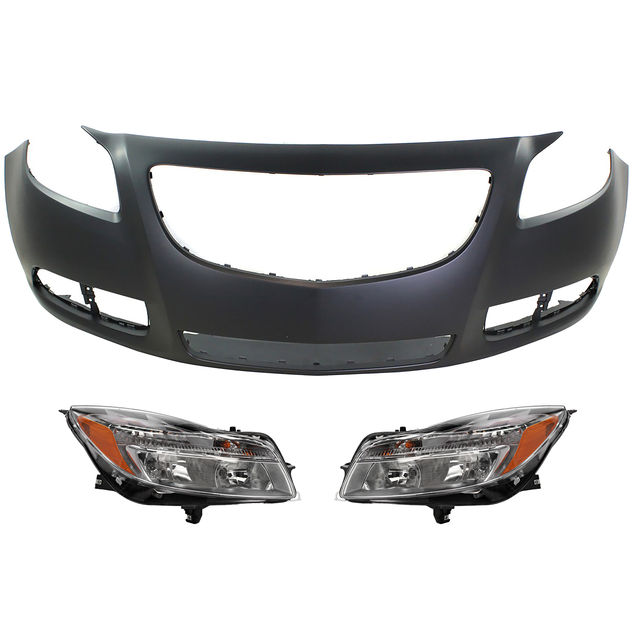 AM REGAL 11-13 FRONT BUMPER COVER Primed 3 pc Kit with Headlights SKU KIT 071918-66 Partslink GM1000923 GM2502353 GM2503353 OEM 13243355-22794767-22794766