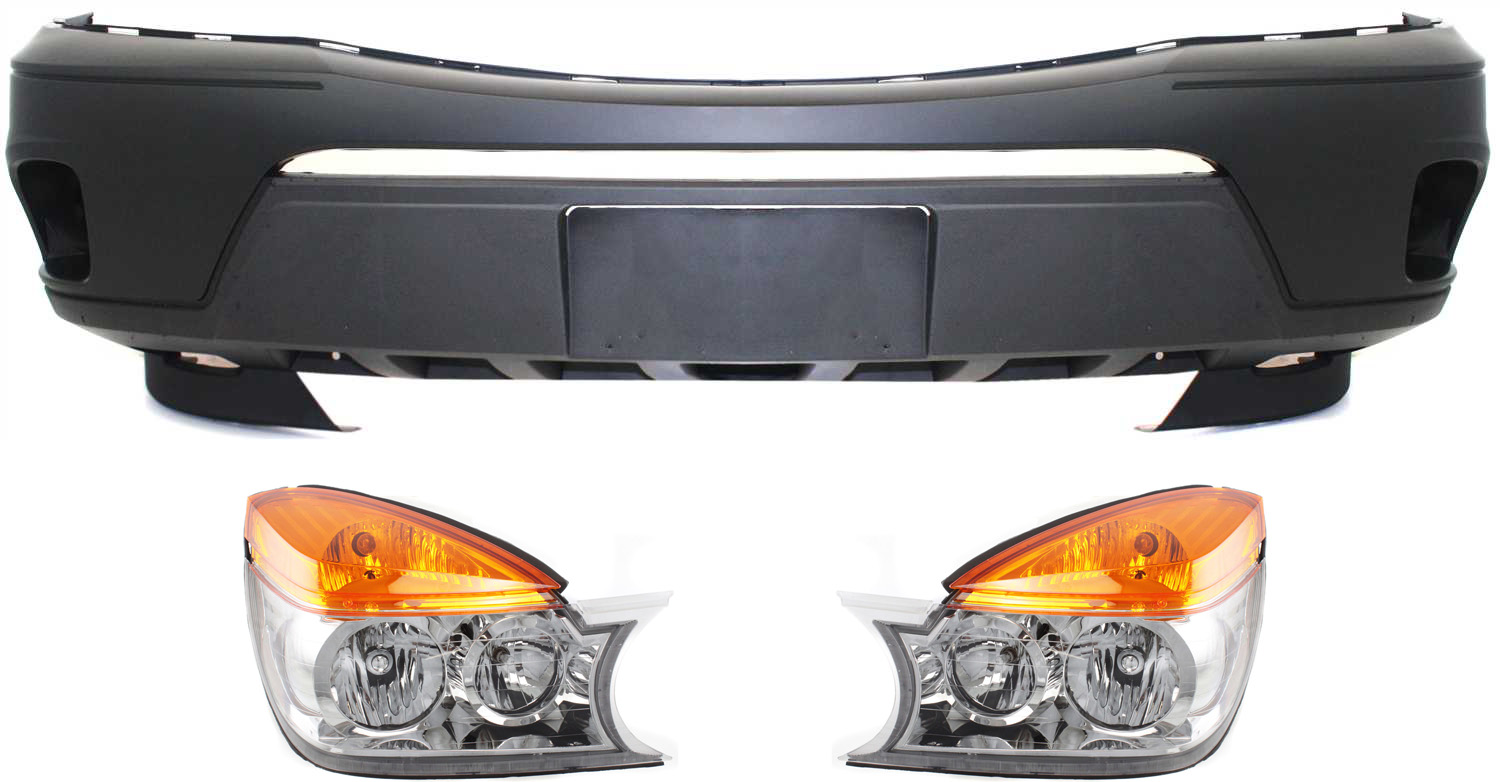 AM RENDEZVOUS 02-03 HEAD LAMP RH AND LH Assembly Halogen 3 pc Kit with Bumper Cover SKU KIT 071918-67 Partslink GM2503226 GM2502226 GM1000643 OEM 12335570-12335569-12335515