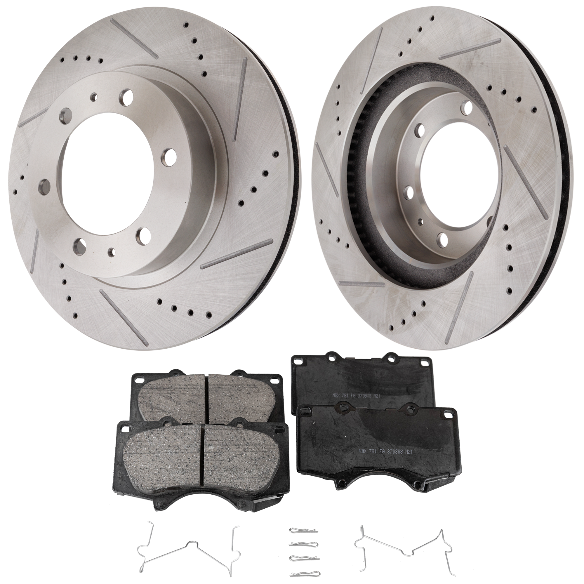 AM 4RUNNER 03-09 TACOMA 05-23 FRONT BRAKE DISC AND PAD KIT 4 pc Kit Cross drilled and Slotted SKU KIT 071922-04 OEM 31327-31520-44623-145458-08329