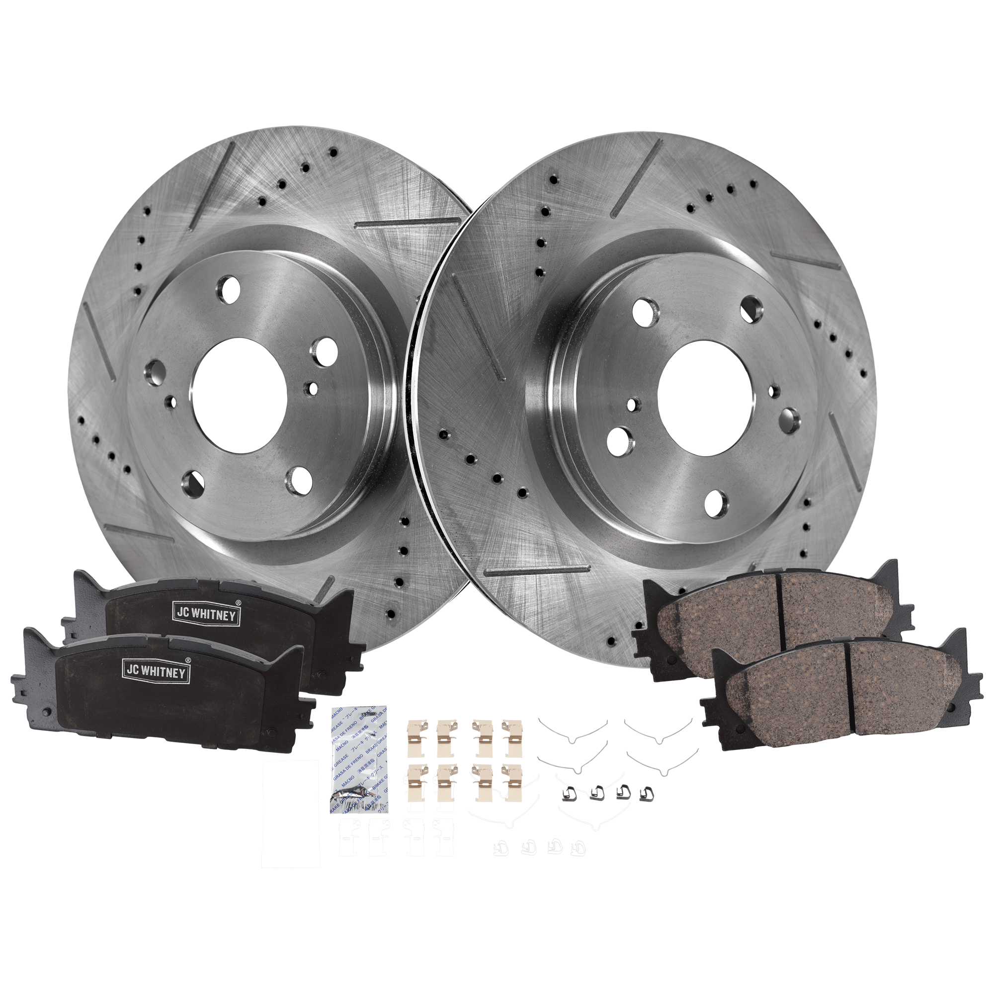 AM CAMRY 07-17 ES350-07-18 FRONT BRAKE DISC AND PAD KIT 4 pc Kit Cross drilled and Slotted SKU KIT 071922-05 OEM 31434-31551-44582-44748-145713