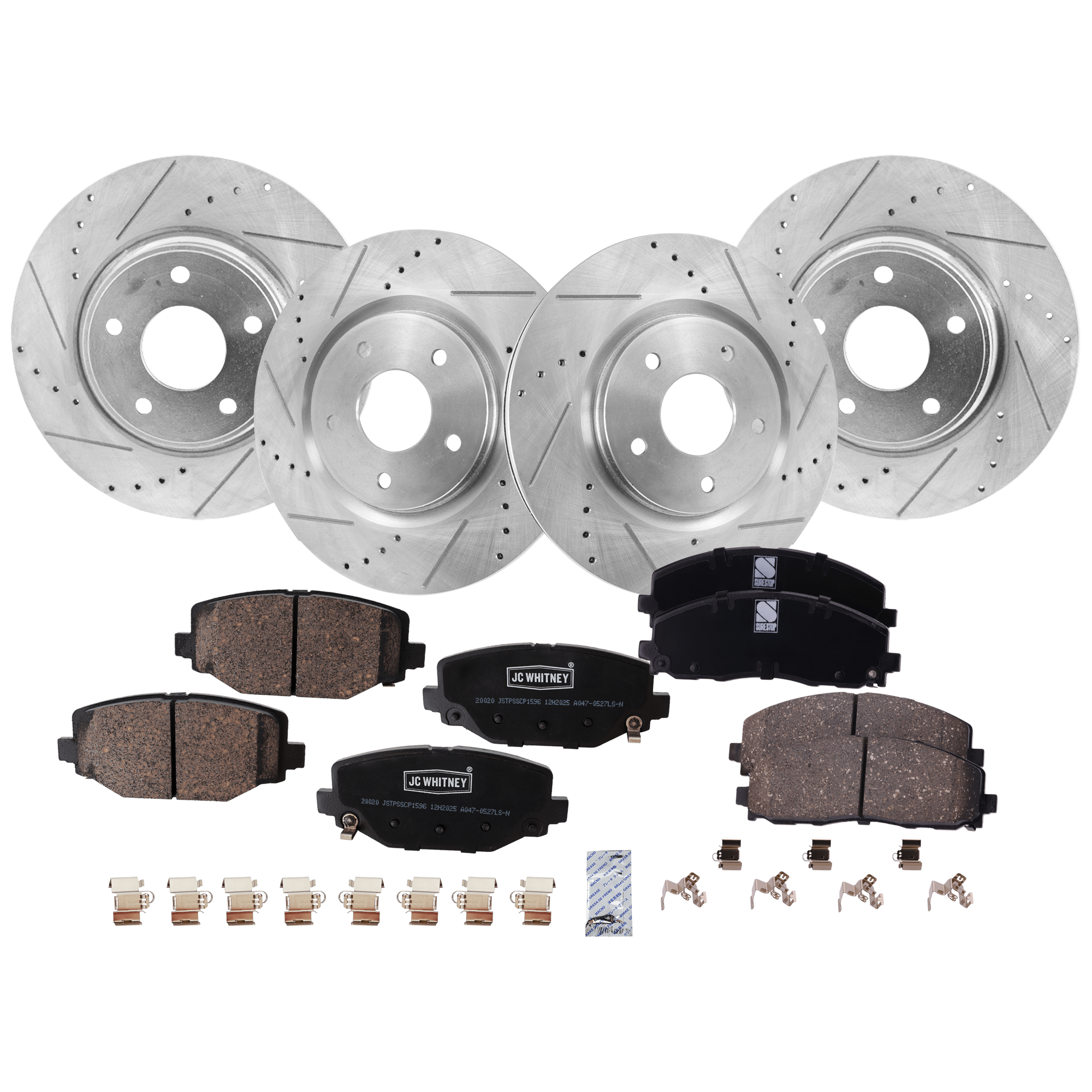 AM GRAND CARAVAN 12-20 FRONT AND REAR BRAKE DISC AND PAD KIT 8 pc kit Cross drilled and Slotted SKU KIT 071922-08 OEM 43179-53068-780964-850313-6004