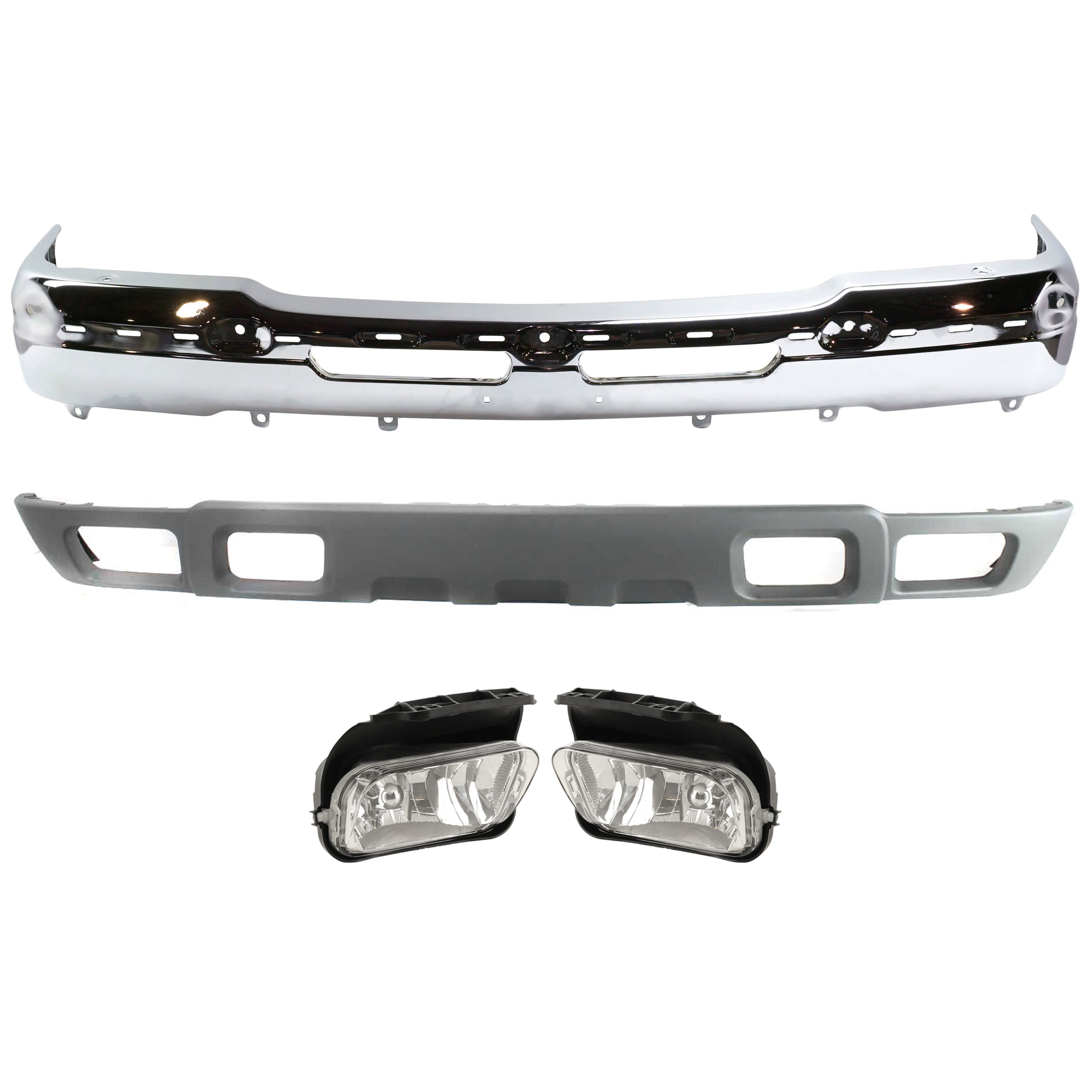AM AVALANCHE 1500 AVALANCHE 2500-02-06 FRONT BUMPER 4 pc kit Face Bar Chrome with Fog Light and Valance SKU KIT 071924-24 Partslink GM1002822 GM1002842 GM2593127 GM2592127 GM1092173 OEM 19150310 PFM 15190983-15190982