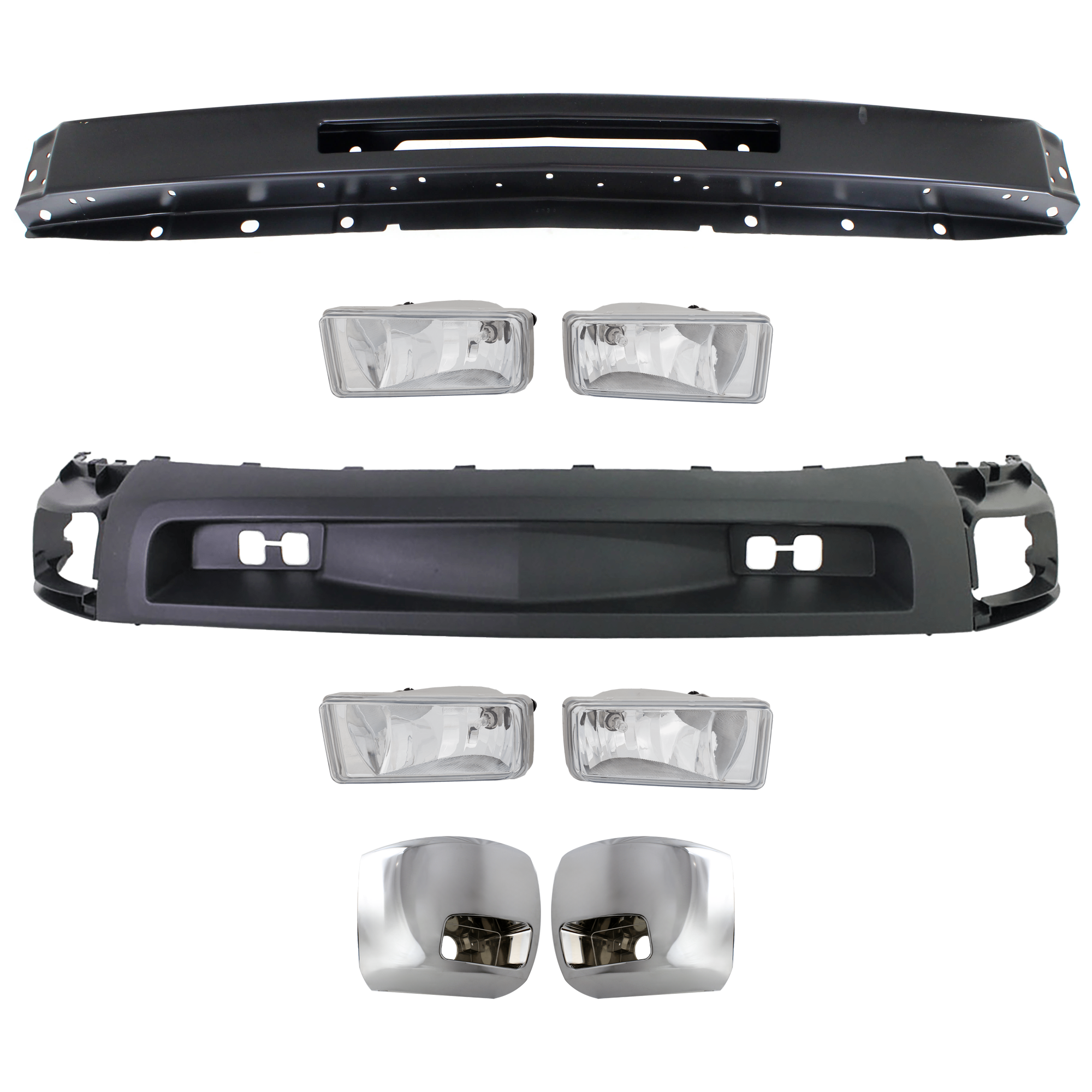 AM SILVERADO 2500 HD SILVERADO 3500 HD 07-10 FRONT BUMPER 6 pc kit Primed with Bumper End Fog Light and Valance SKU KIT 071924-28 Partslink GM1002836 GM1017108 GM1016108 GM2593160 GM2592160 GM1092202 OEM 15941837-15941850-15839252-158