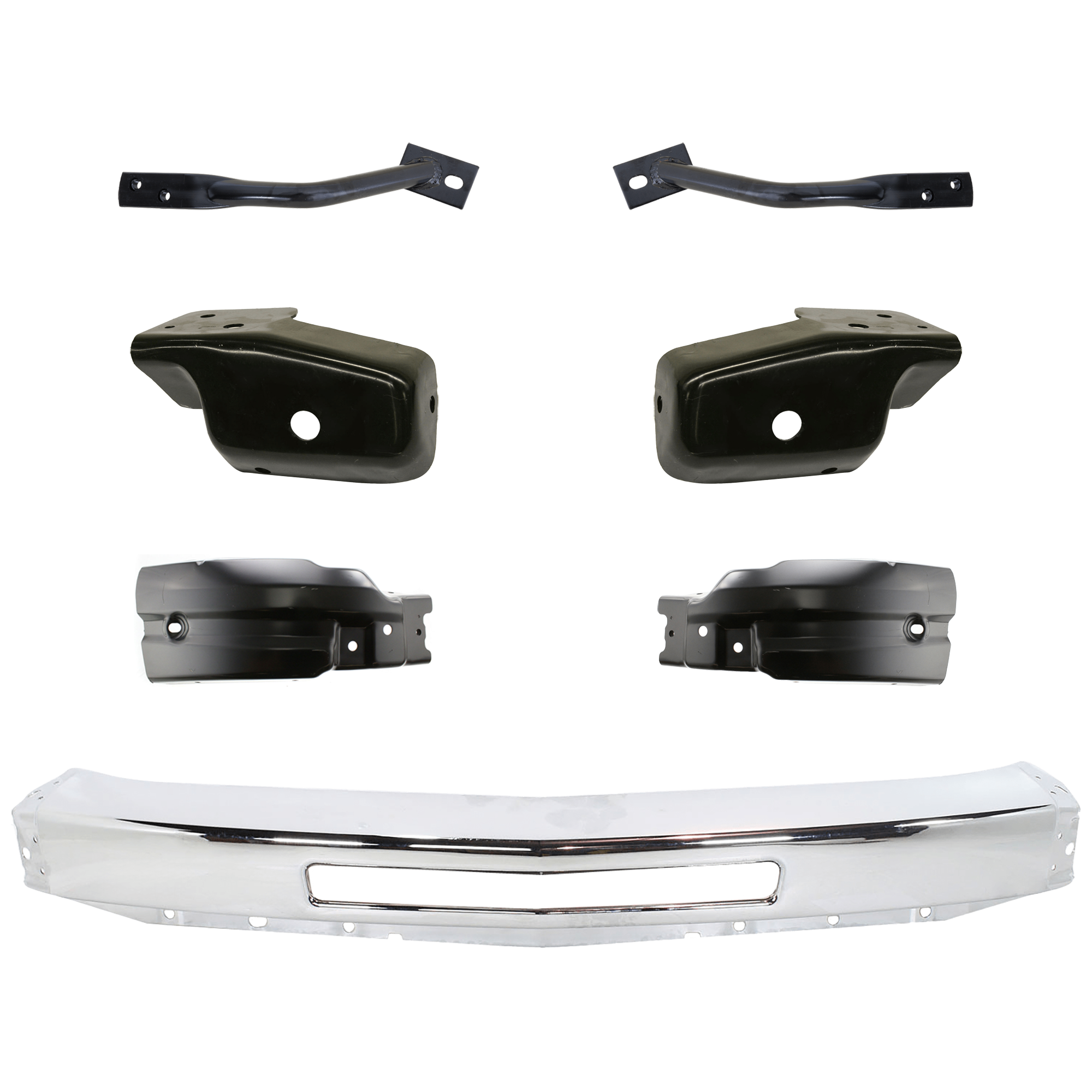 AM SILVERADO 2500 HD SILVERADO 3500 HD 07-10 FRONT BUMPER 7 pc kit Impact Bar Chrome with Bumper Bracket and Bumper End SKU KIT 071924-35 Partslink GM1002831 GM1067184 GM1066184 GM1067180 GM1066180 GM1005148 GM1004148 OEM 15941850-25862430-25862429-158