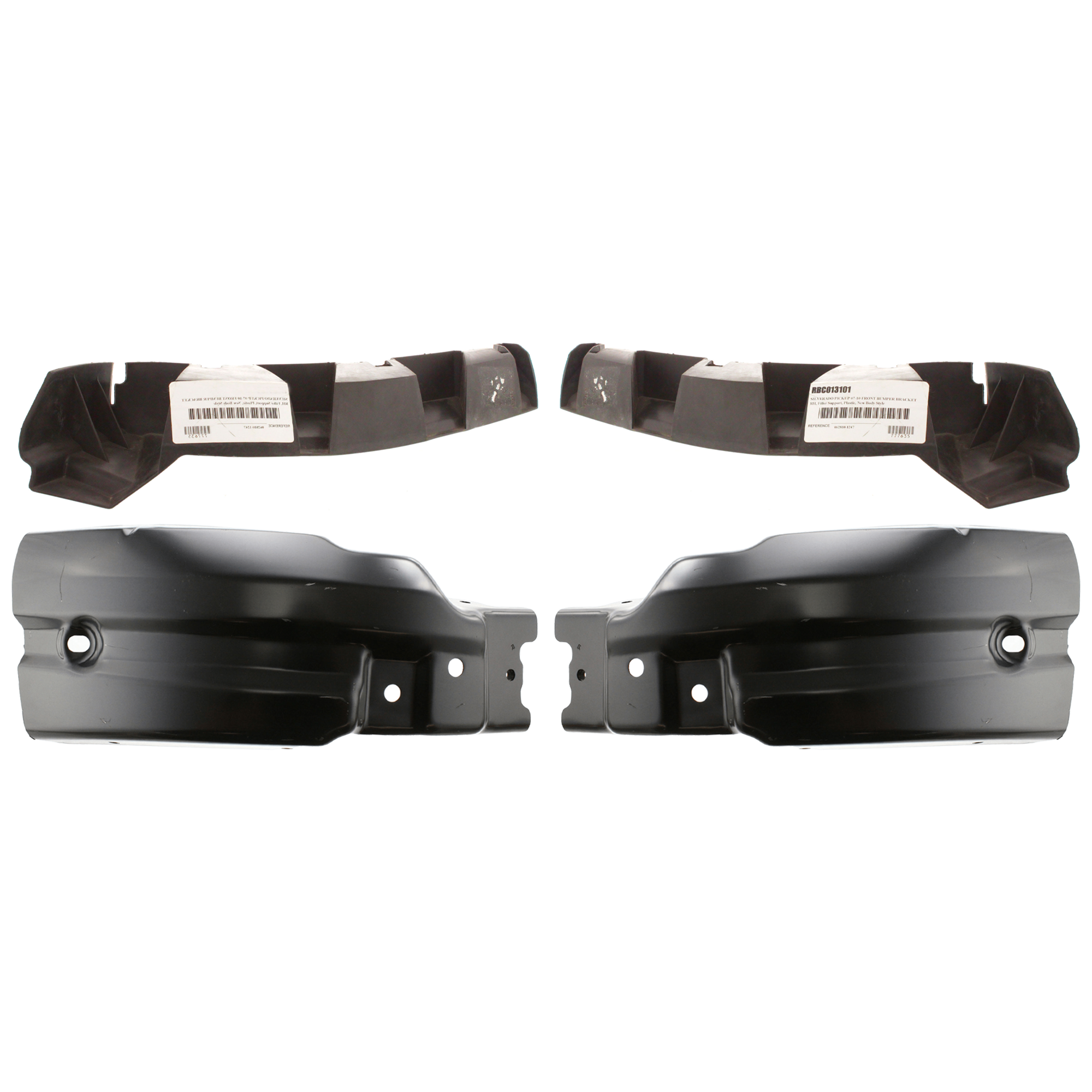 AM SILVERADO 07-13 FRONT BUMPER END RH AND LH 4 pc kit w Bumper Bracket Extension Painted Black Excludes 2007 Classic SKU KIT 071924-47 Partslink GM1004148 GM1005148 GM1043109 GM1042109 OEM 22737638-22737639-25824821-258