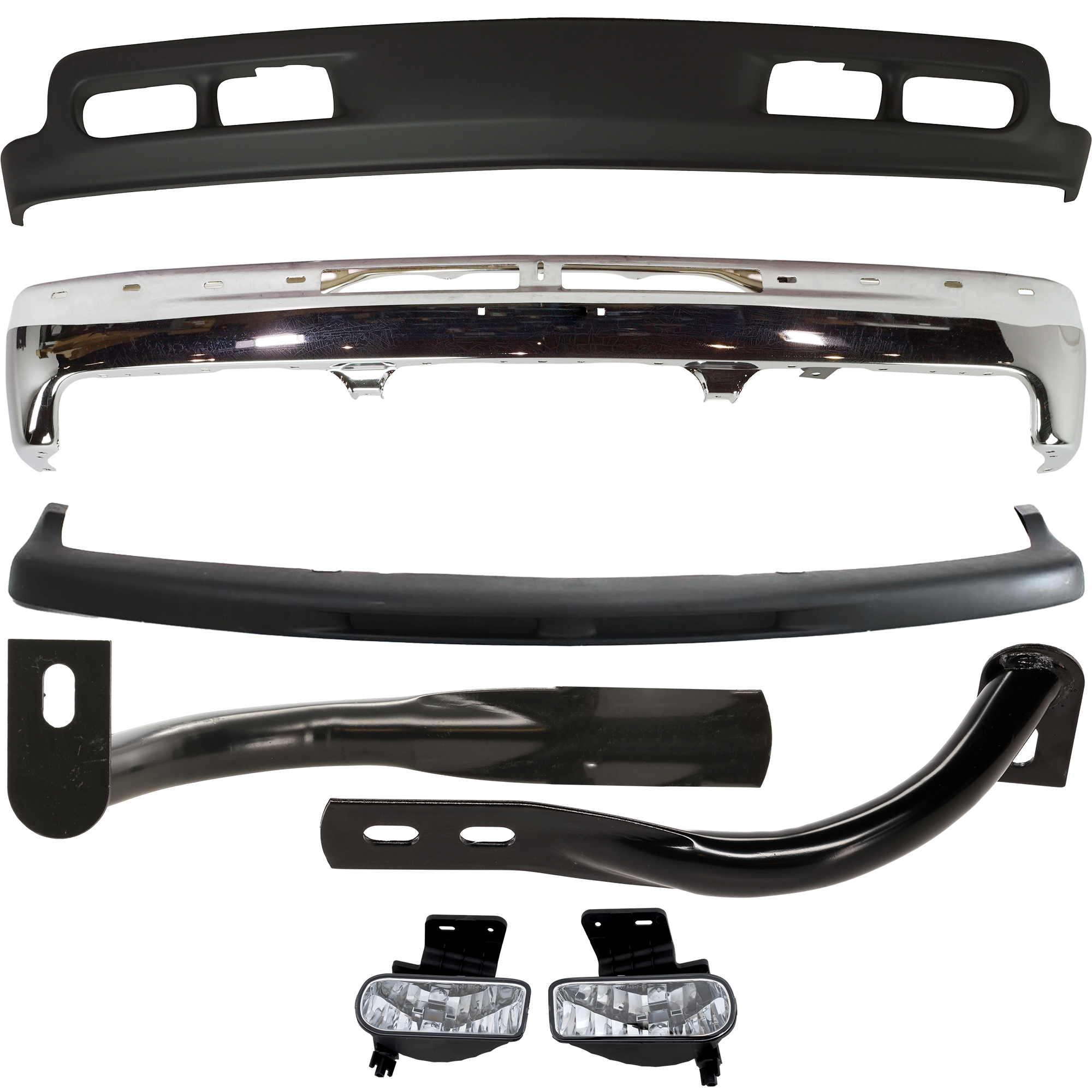 AM SILVERADO 99-02 TAHOE 00-06 FRONT BUMPER 7 pc kit Chrome with Bumper Bracket Bumper Trim Fog Light and Valance SKU KIT 071924-56 Partslink GM1003127 GM1067129 GM1066129 GM1051103 GM2593113 GM2592113 GM1092167 OEM 12336026 PFM 15705658-15705657