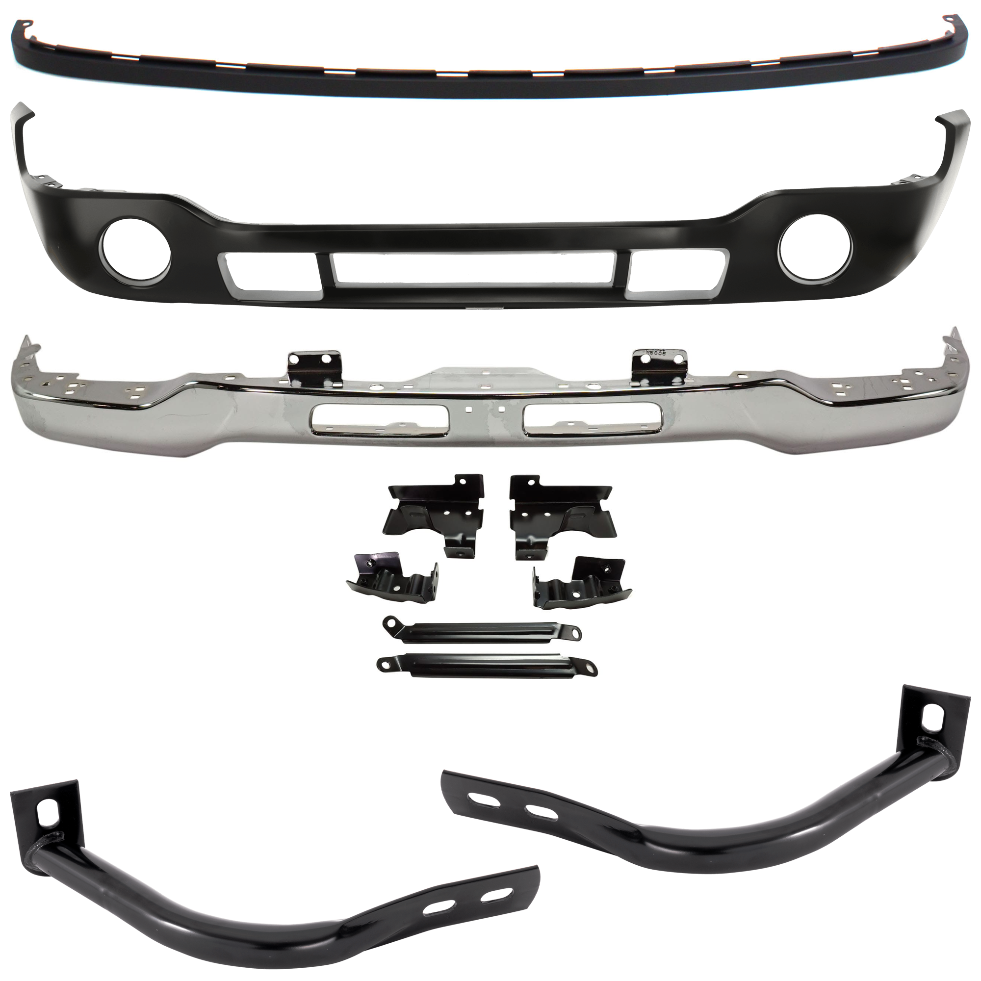 AM SIERRA 03-06 FRONT BUMPER 5 pc kit w Bumper Bracket Bumper Cover and Valance Chrome w Fog Light Hole w Bracket Includes 2007 Classic SKU KIT 071924-60 Partslink GM1002463 GM1066159 GM1067159 GM1000684 GM1092201 OEM 15098990 PFM 15184116-15184117