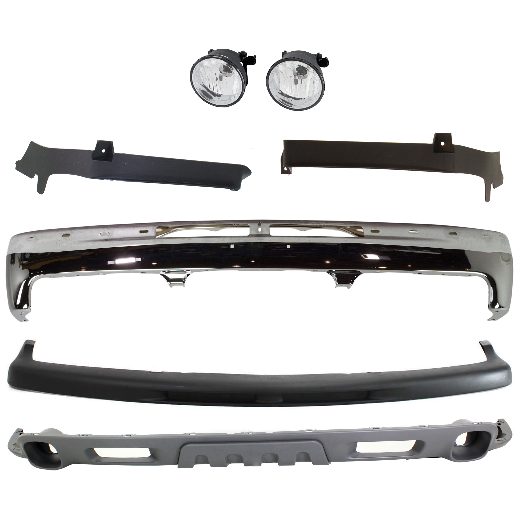 AM SILVERADO 99-02 TAHOE 00-06 FRONT BUMPER 6 pc kit w Bumper Trim Fog Light and Valance Chrome w o Bracket SKU KIT 071924-64 Partslink GM1002376 GM1051103 GM1089166 GM1088166 GM2592121 GM1092209 OEM 12336026-15050703-15035438-150
