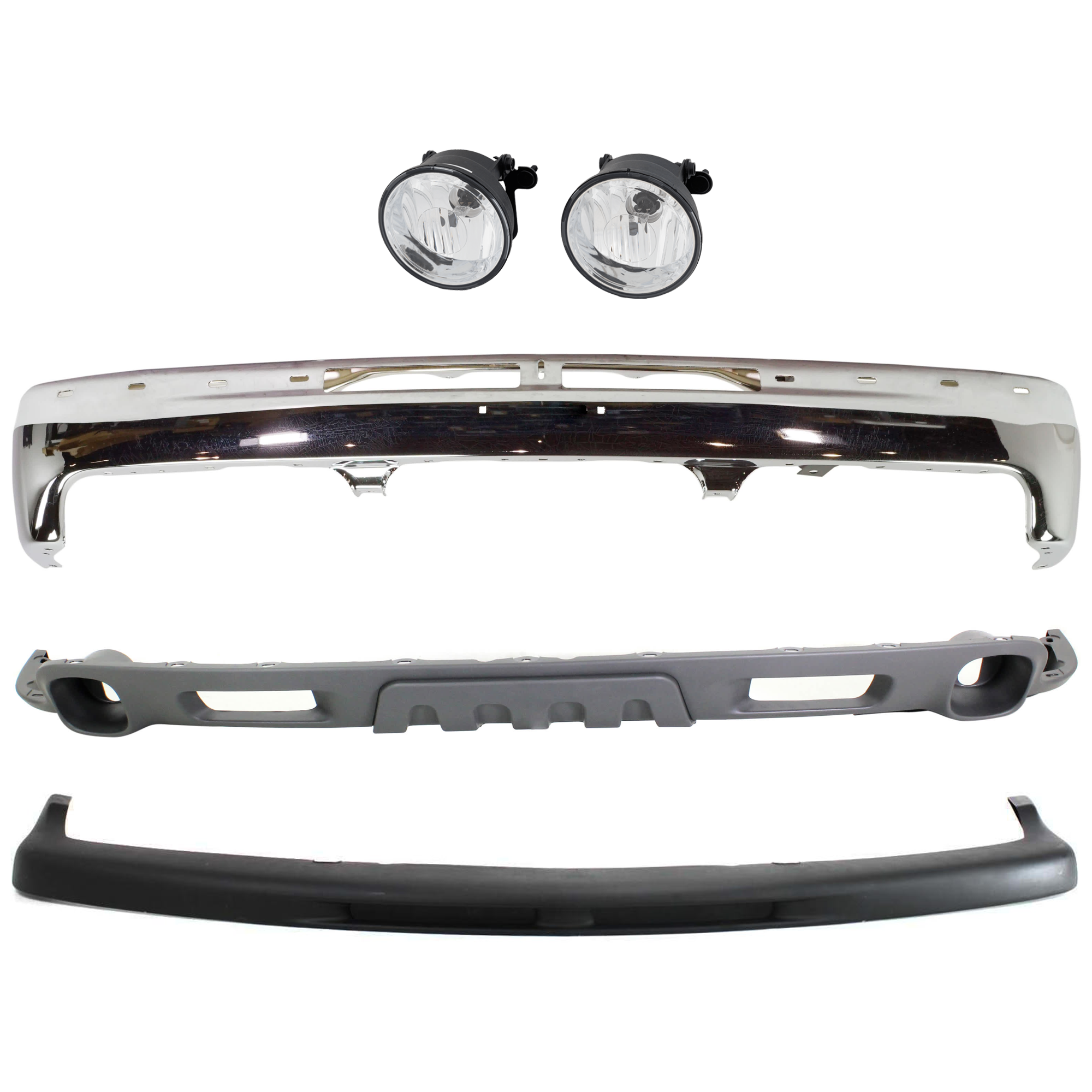 AM SILVERADO 99-02 TAHOE 00-06 FRONT BUMPER 4 pc kit w Bumper Trim Fog Light and Valance Chrome w Brackets SKU KIT 071924-65 Partslink GM1003127 GM1051103 GM2592121 GM1092209 OEM 12336026 PFM 15050703-16530218