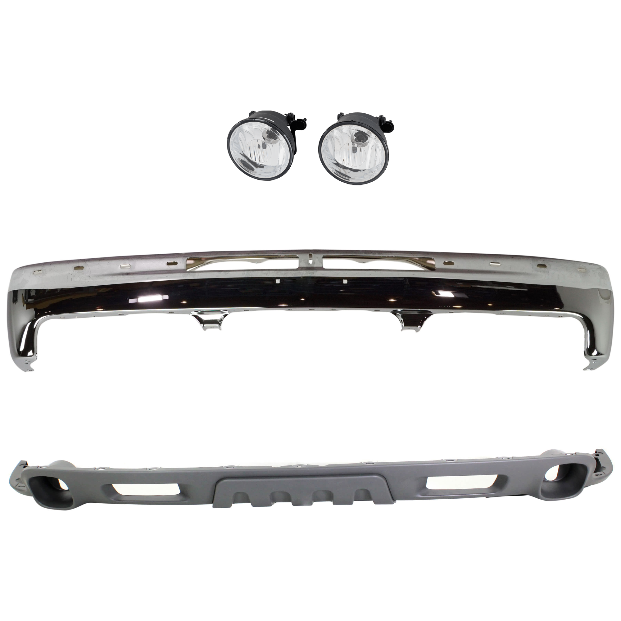 AM SILVERADO 99-02 TAHOE 00-06 FRONT BUMPER 3 pc kit w Fog Light and Valance Chrome w o Bracket SKU KIT 071924-68 Partslink GM1002376 GM2592121 GM1092209 OEM 12336026-16530218-15766483
