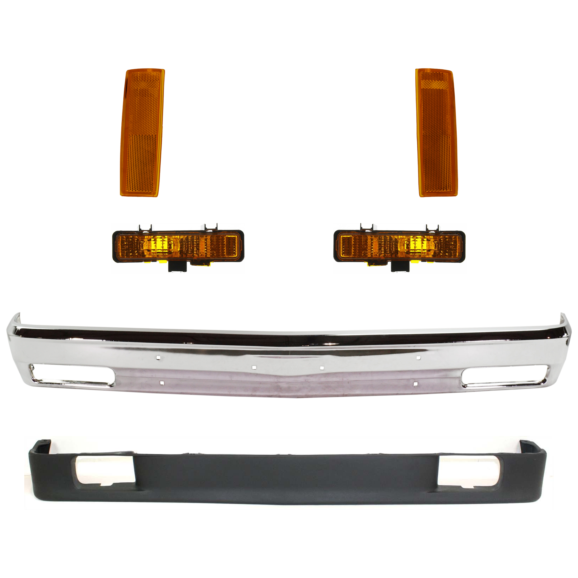 AM S10 BLAZER 83-90 S10 PICKUP 82-90 FRONT BUMPER 6 pc kit w Corner Light Turn Signal Light and Valance Chrome w o Molding Holes SKU KIT 071924-79 Partslink GM1002365 GM2550116 GM2551108 GM2520109 GM2521109 GM1092159 OEM 14033726-929917-929918-5976643