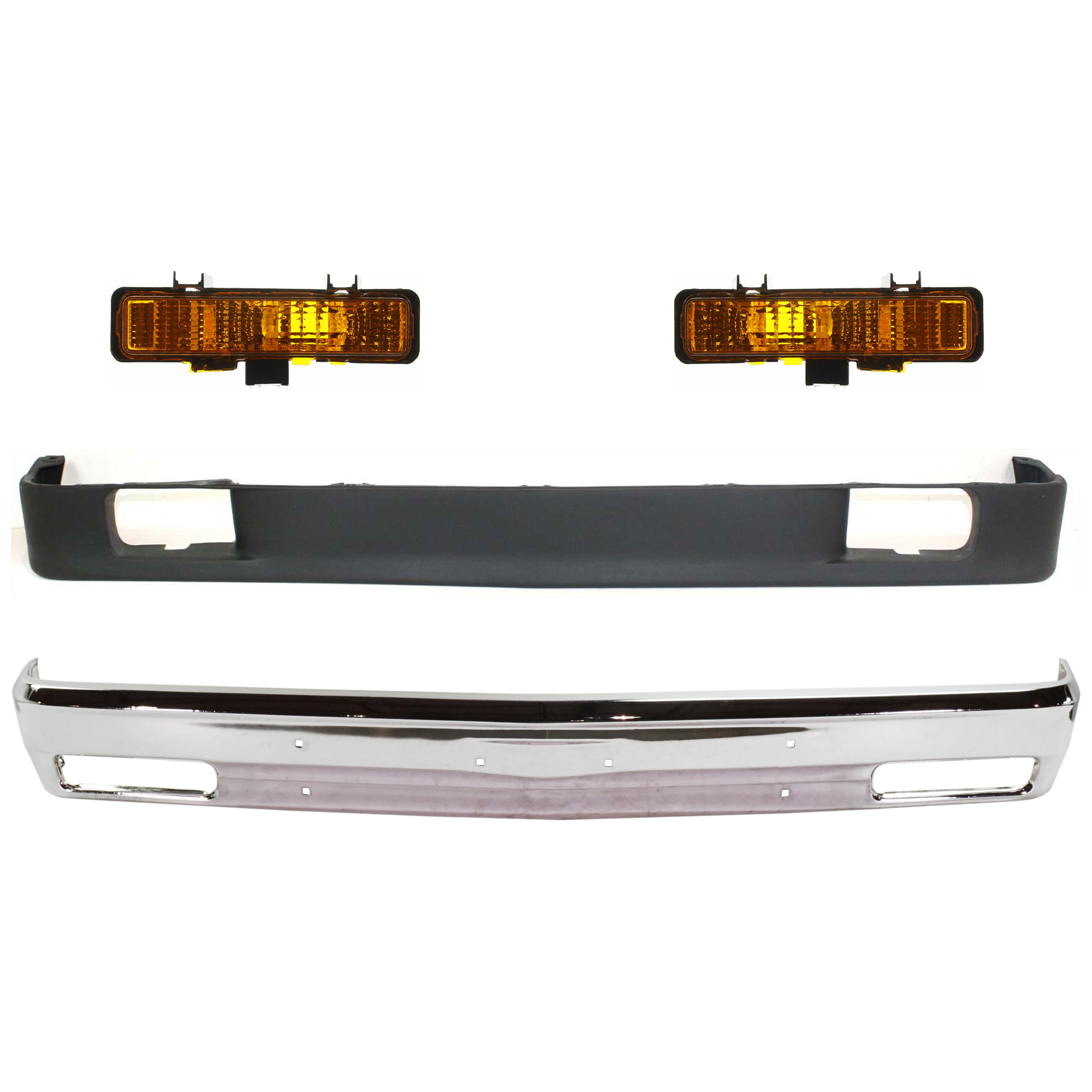 AM S10 BLAZER 83-90 S10 PICKUP 82-90 FRONT BUMPER 4 pc kit w Turn Signal Light and Valance Chrome w o Molding Holes SKU KIT 071924-80 Partslink GM1002365 GM2520109 GM2521109 GM1092159 OEM 14033726-5976643-5976644-15659