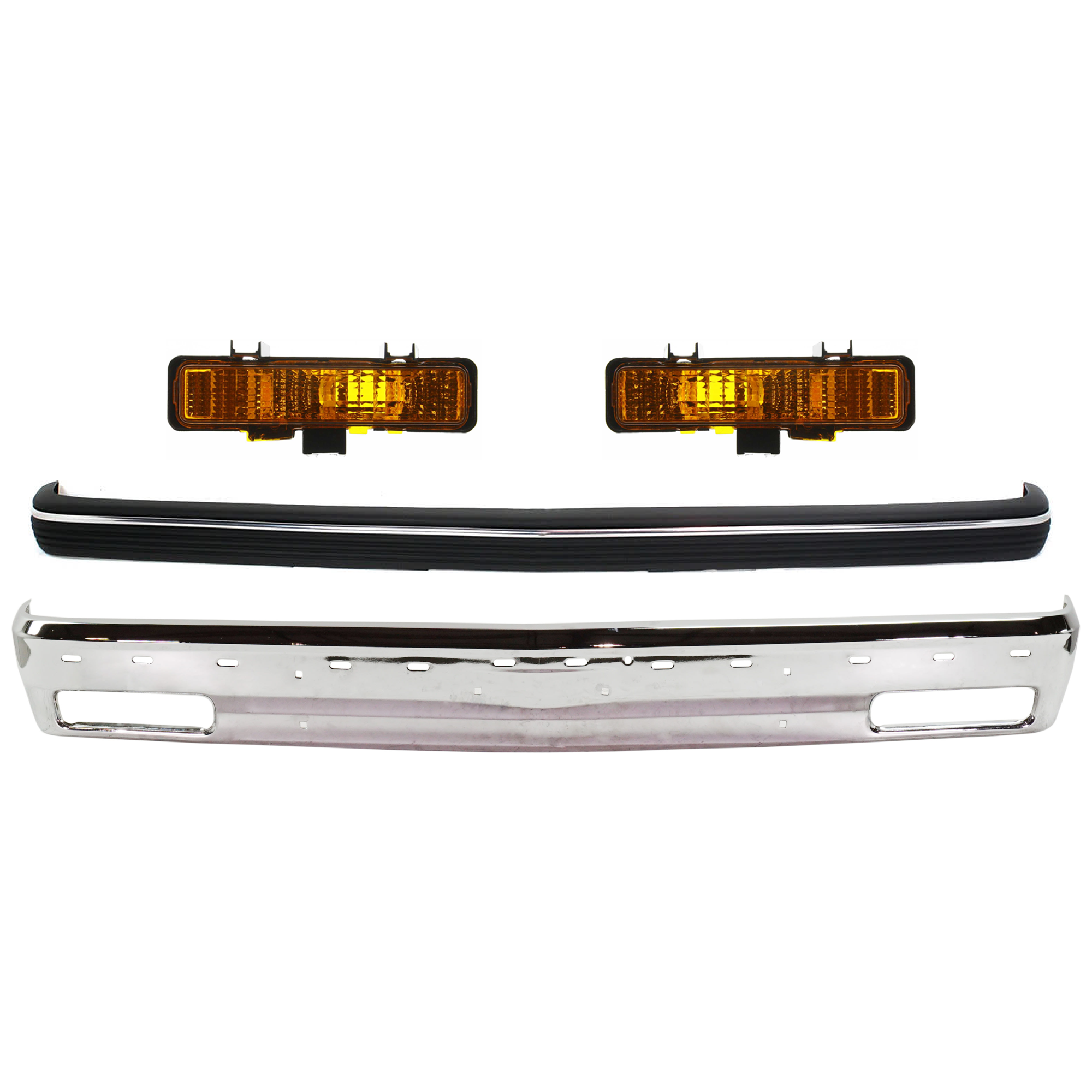 AM S10 BLAZER 83-94 S10 PICKUP 82-93 FRONT BUMPER 4 pc kit w Bumper Trim and Turn Signal Light Chrome w Molding Holes SKU KIT 071924-81 Partslink GM1002173 GM1057132 GM2520109 GM2521109 OEM 15990617-15629964-5976643-5976