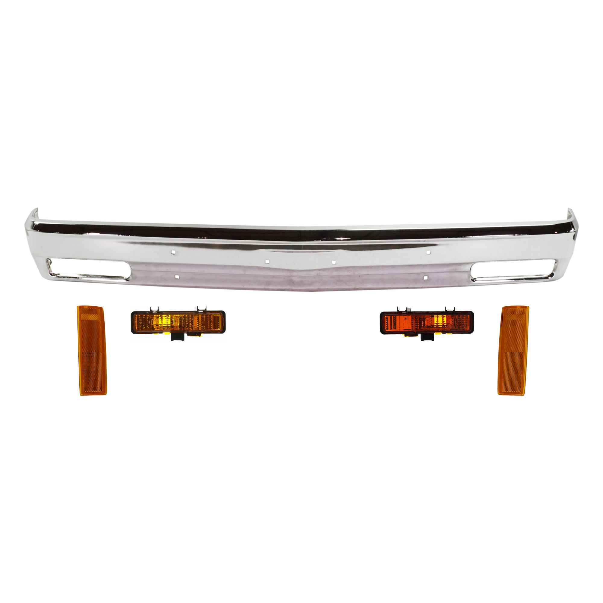 AM S10 BLAZER 83-90 S10 PICKUP 82-90 FRONT BUMPER 5 pc kit w Corner Light and Turn Signal Light Chrome w o Molding Holes SKU KIT 071924-82 Partslink GM1002365 GM2551108 GM2550116 GM2521109 GM2520109 OEM 14033726-929918-929917-5976644