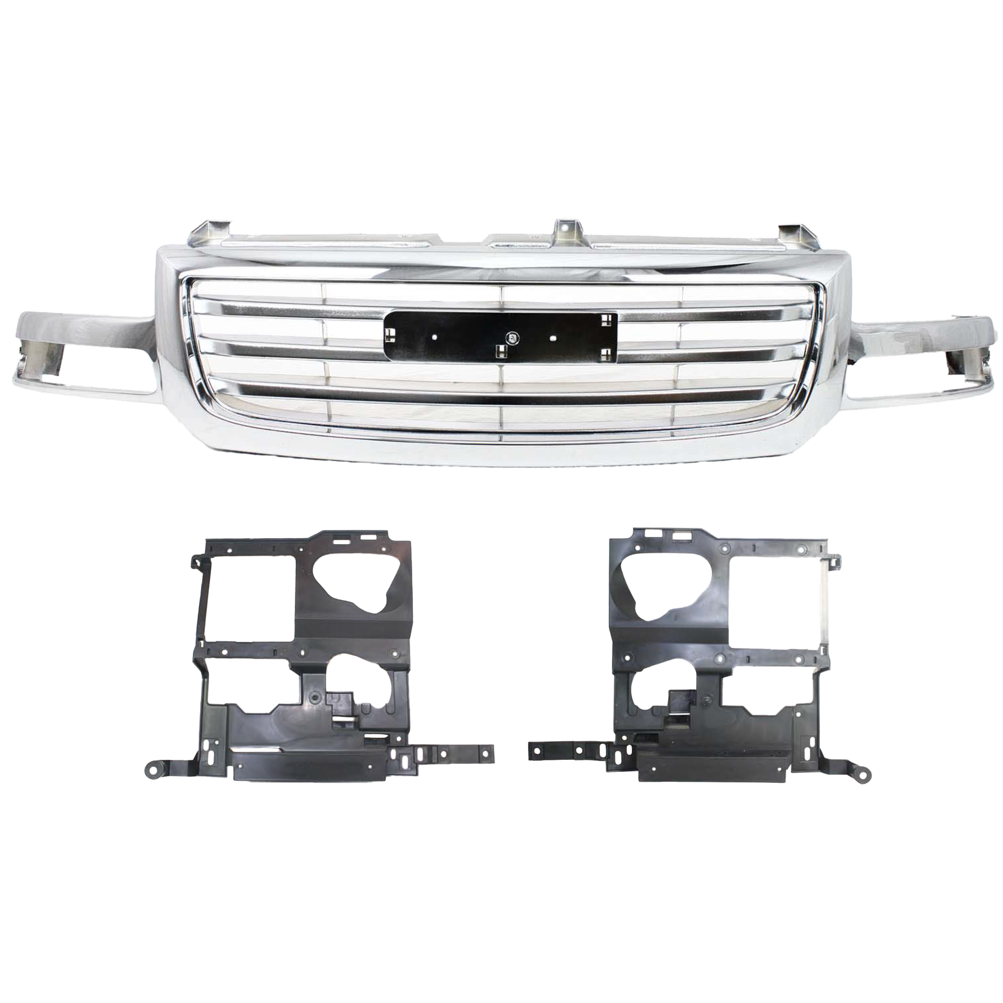 AM SIERRA 1500-03-06 SIERRA 1500 CLASSIC 07-07 SIERRA 2500-03-04 GRILLE 3 pc Kit with Headlight Brackets All Chromed Performance SKU KIT 072017-24 Partslink Performance GM1221132 GM1221133 OEM 19130791 PFM 15798923-15798924
