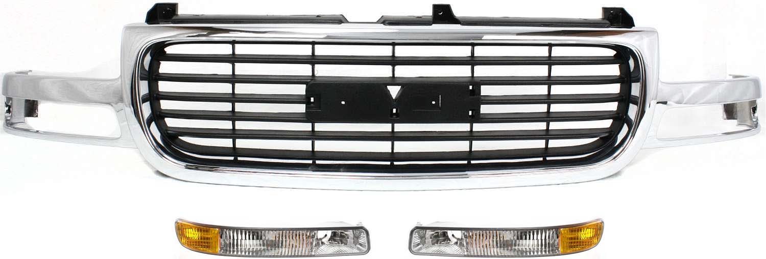 AM SIERRA 99-02 YUKON 00-06 GRILLE 3 pc Kit Chrome Shell Painted Black Insert Exc. C3 Denali Models with Parking Lights SKU KIT 072017-25 Partslink GM1200430 GM2520174 GM2521174 OEM 19130787-15199560-15199561