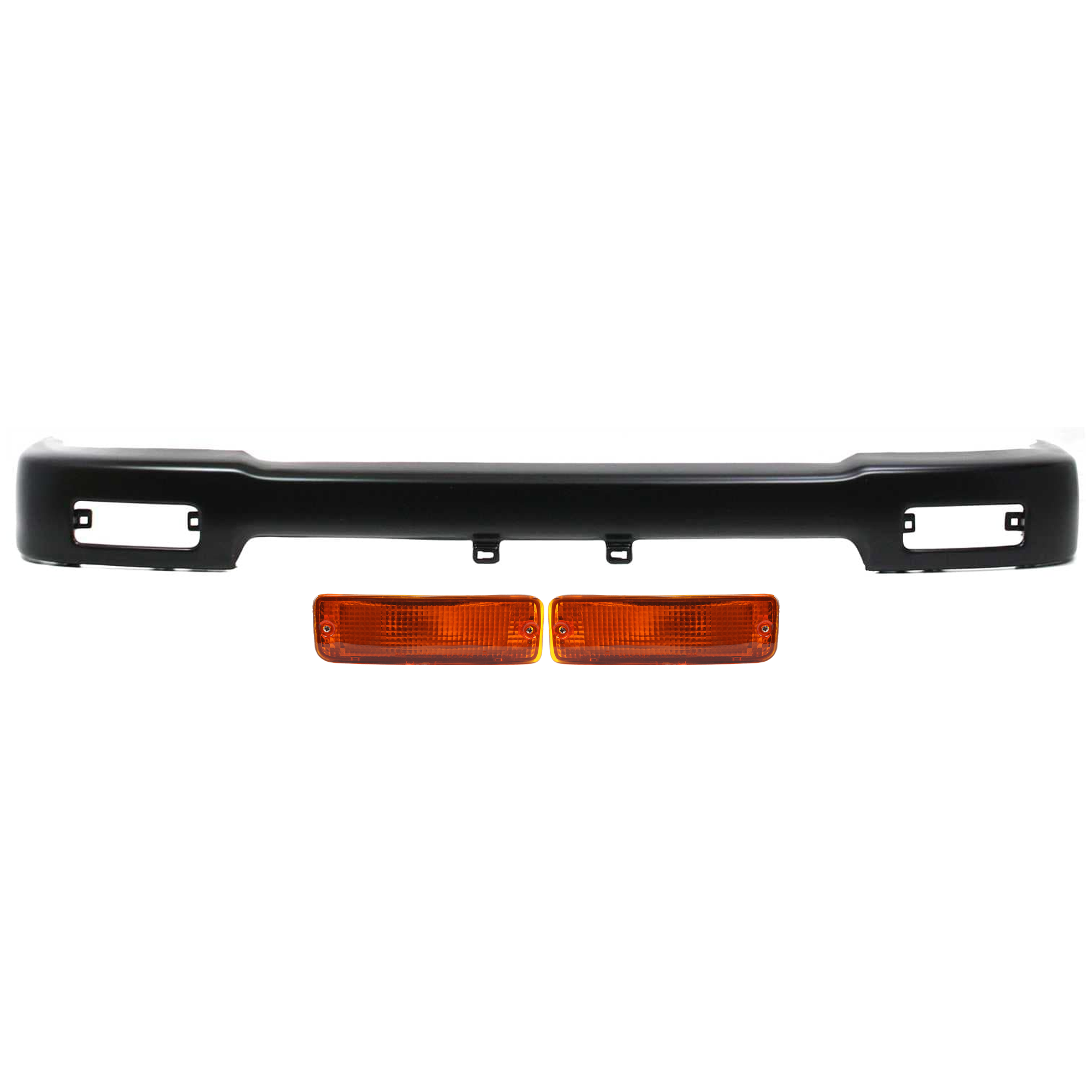 AM TOYOTA PICKUP 92-95 FRONT BUMPER 3 pc kit Black with Turn Signal Light SKU KIT 072024-05 Partslink TO1002103 TO2521107 TO2520105 OEM 5210135080-8151089134-81520891