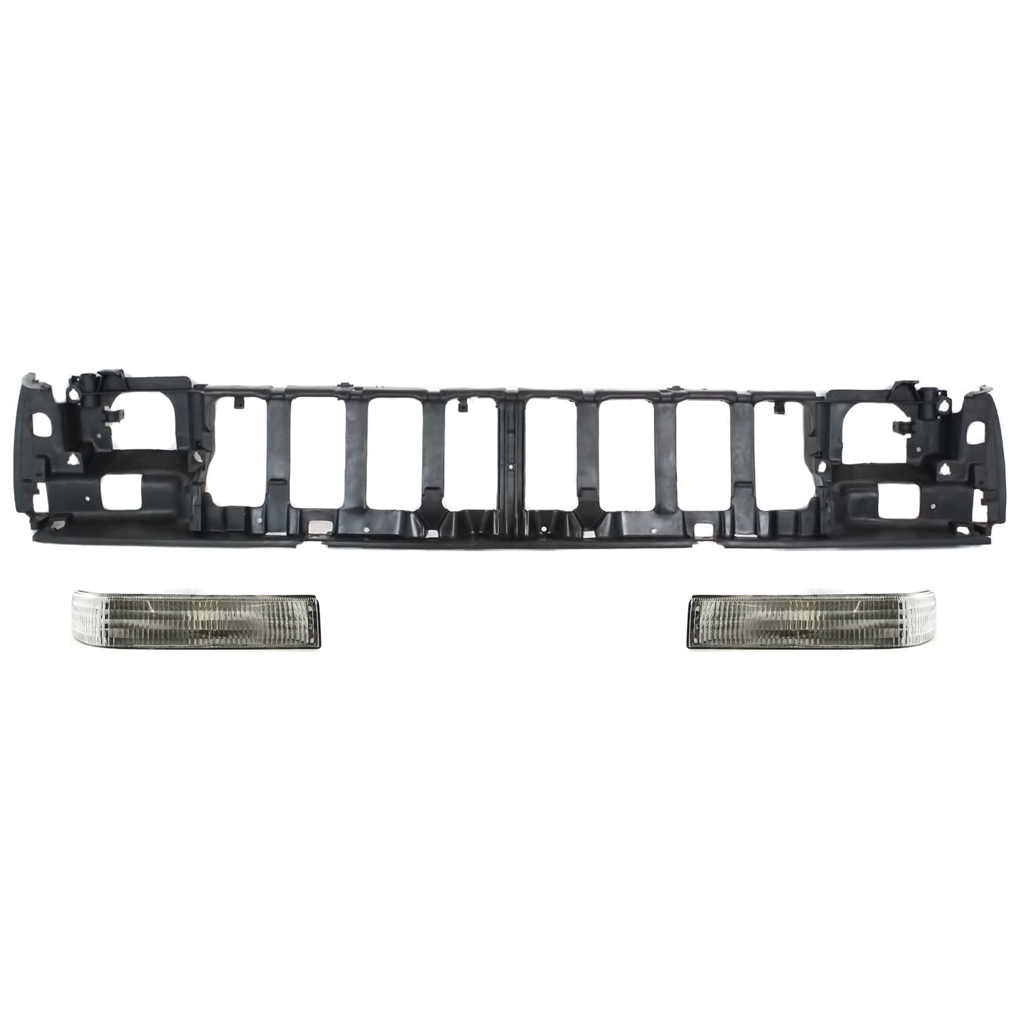 AM GRAND CHEROKEE 93-95 FRONT HEADER PANEL 3 pc Kit w o Headlight Leveling Device ABS Plastic with Turn Signal Light SKU KIT 072024-07 Partslink CH1220110 CH2520120 CH2521120 OEM 55054886-56005099-56005098