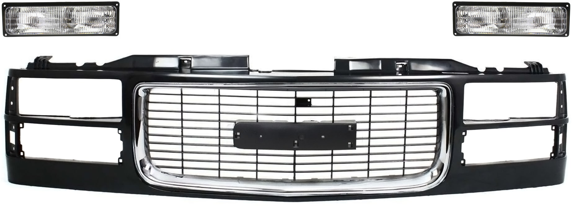 AM GMC C K FULL SIZE PICKUP GRILLE 3 pc Kit Black Shell and Insert Cross Bar Insert w Chrome Insert Opening w Composite Headlight with Turn Signal Light SKU KIT 072024-08 Partslink GM1200392 GM2521128 GM2520128 OEM 12388709-5976838-5976837