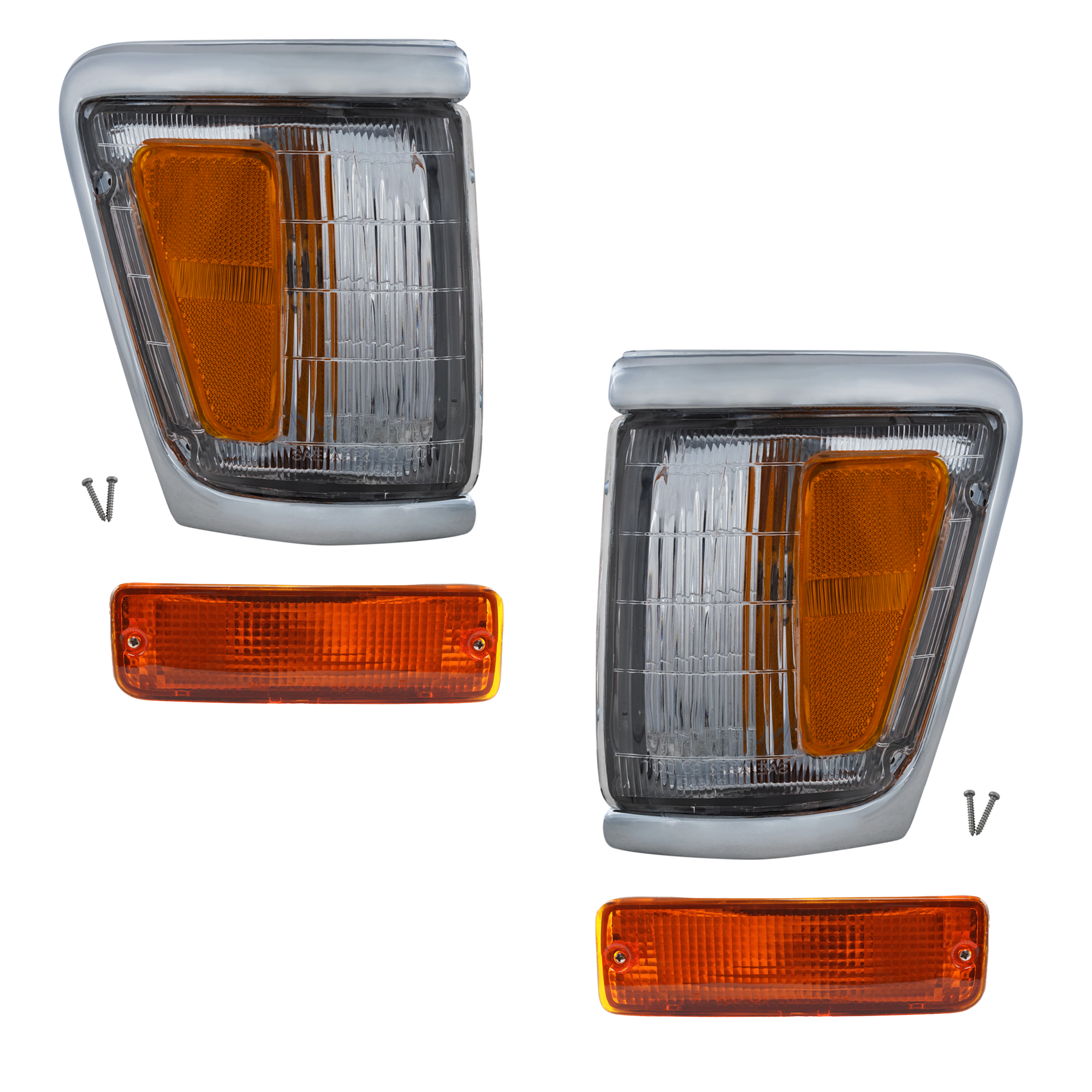 AM TOYOTA PICKUP 92-95 FRONT CORNER LAMP RH AND LH 4 pc kit Assembly w Chrome Trim with Turn Signal Light SKU KIT 072024-13 Partslink TO2520129 TO2521131 TO2521107 TO2520105 OEM 8161035120-8162035120-81510891