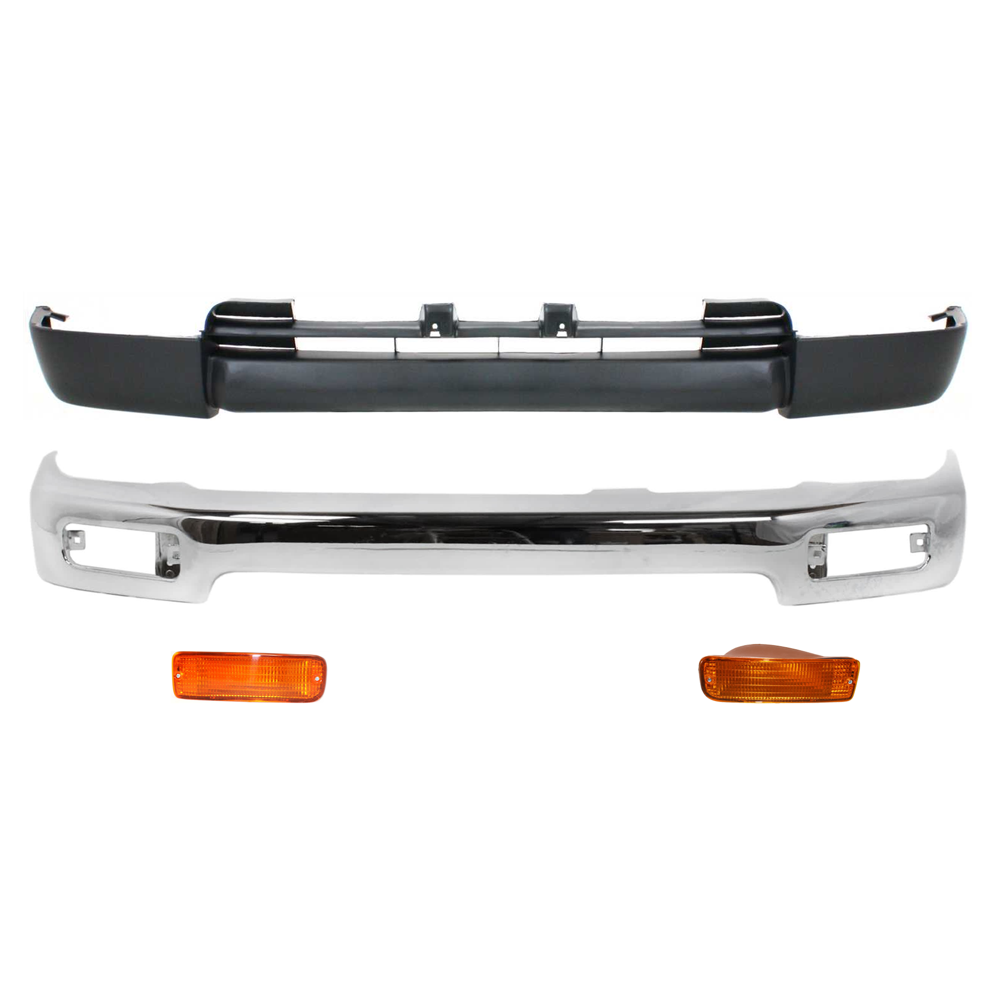 AM 4RUNNER 96-98 FRONT BUMPER 4 pc kit Face Bar Chrome with Turn Signal Light and Valance SKU KIT 072024-25 Partslink TO1002172 TO2530125 TO2531125 TO1095176 OEM 5210135320-8152035120-81510351