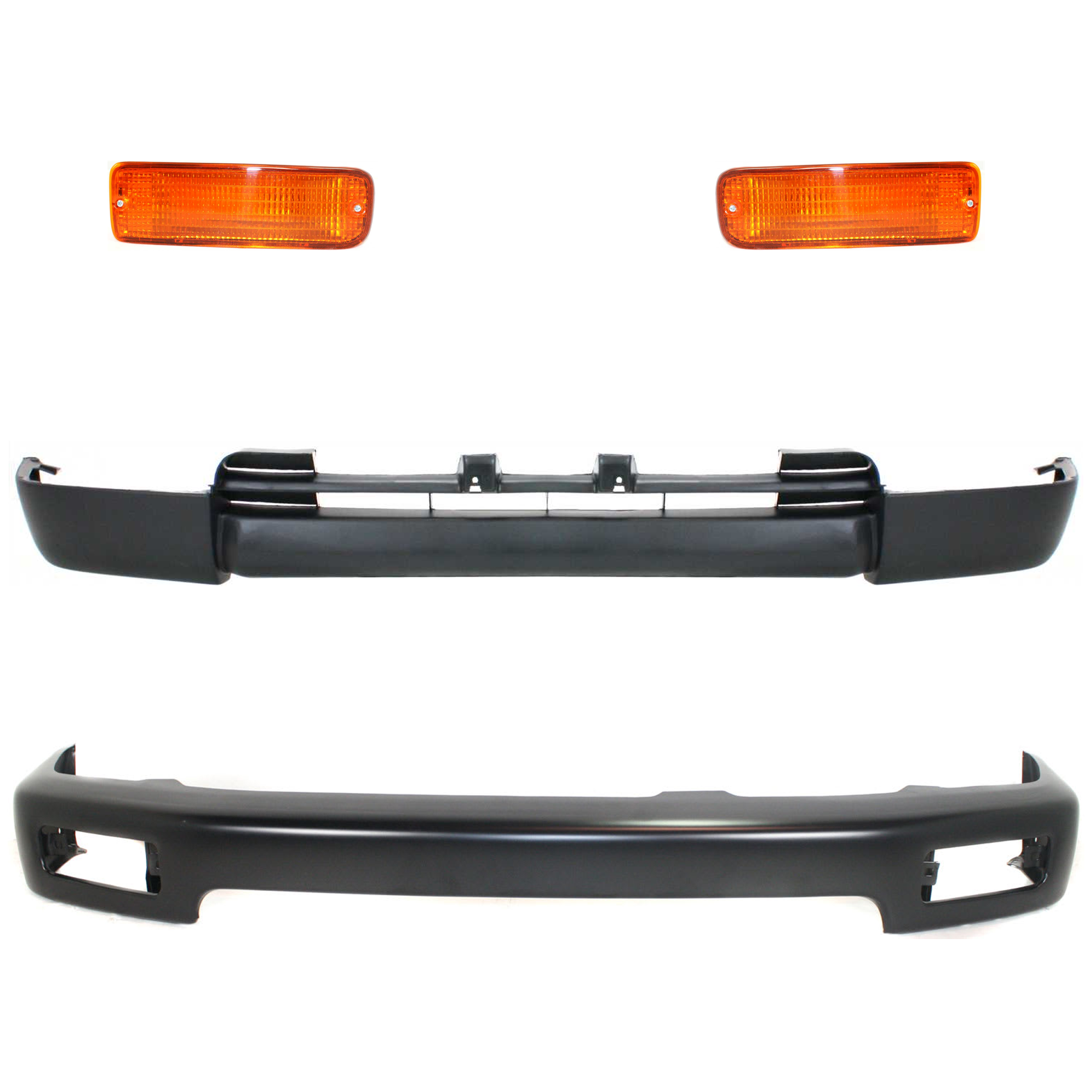 AM 4RUNNER 96-98 FRONT BUMPER 4 pc kit Face Bar Black with Turn Signal Light and Valance SKU KIT 072024-26 Partslink TO1002164 TO2530125 TO2531125 TO1095176 OEM 5210135350B0-8152035120-815103