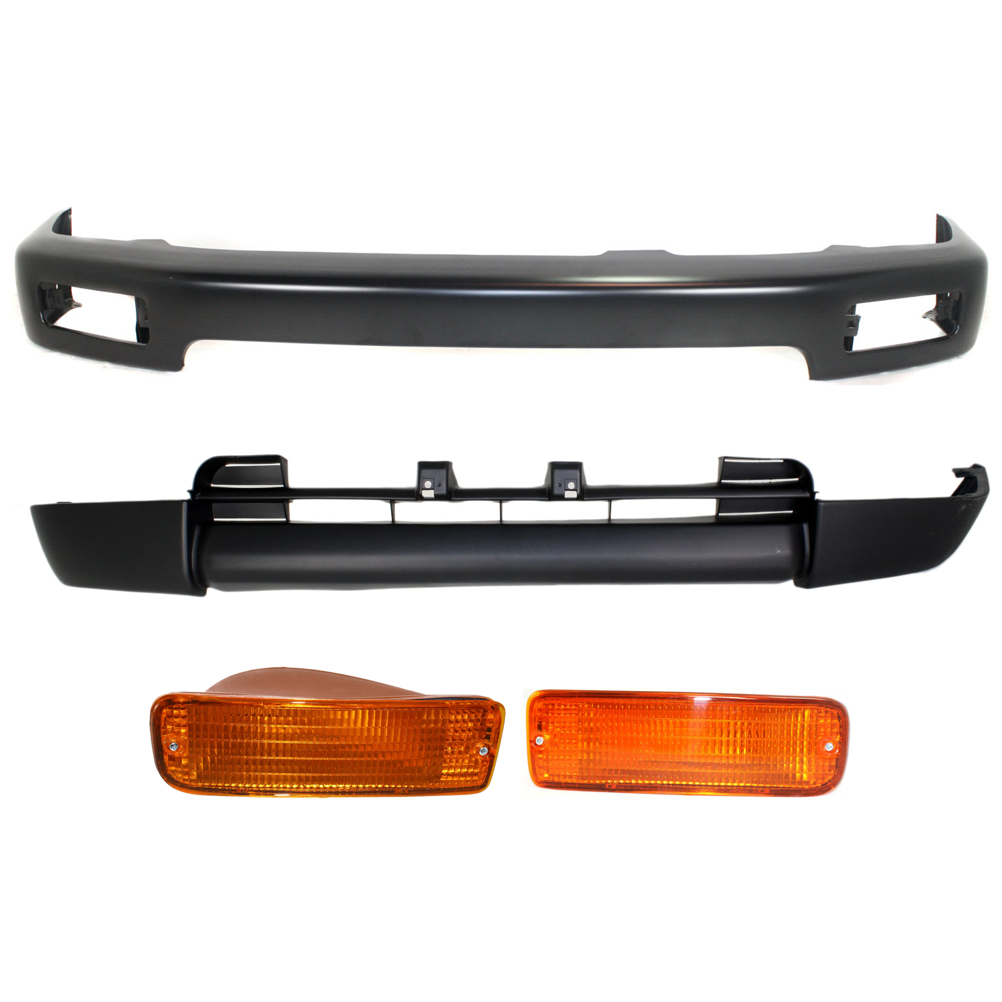 AM 4RUNNER 96-98 FRONT BUMPER 4 pc kit Face Bar Black with Turn Signal Light and Valance SKU KIT 072024-27 Partslink TO1002164 TO2530125 TO2531125 TO1095178 OEM 5210135350B0-8152035120-815103