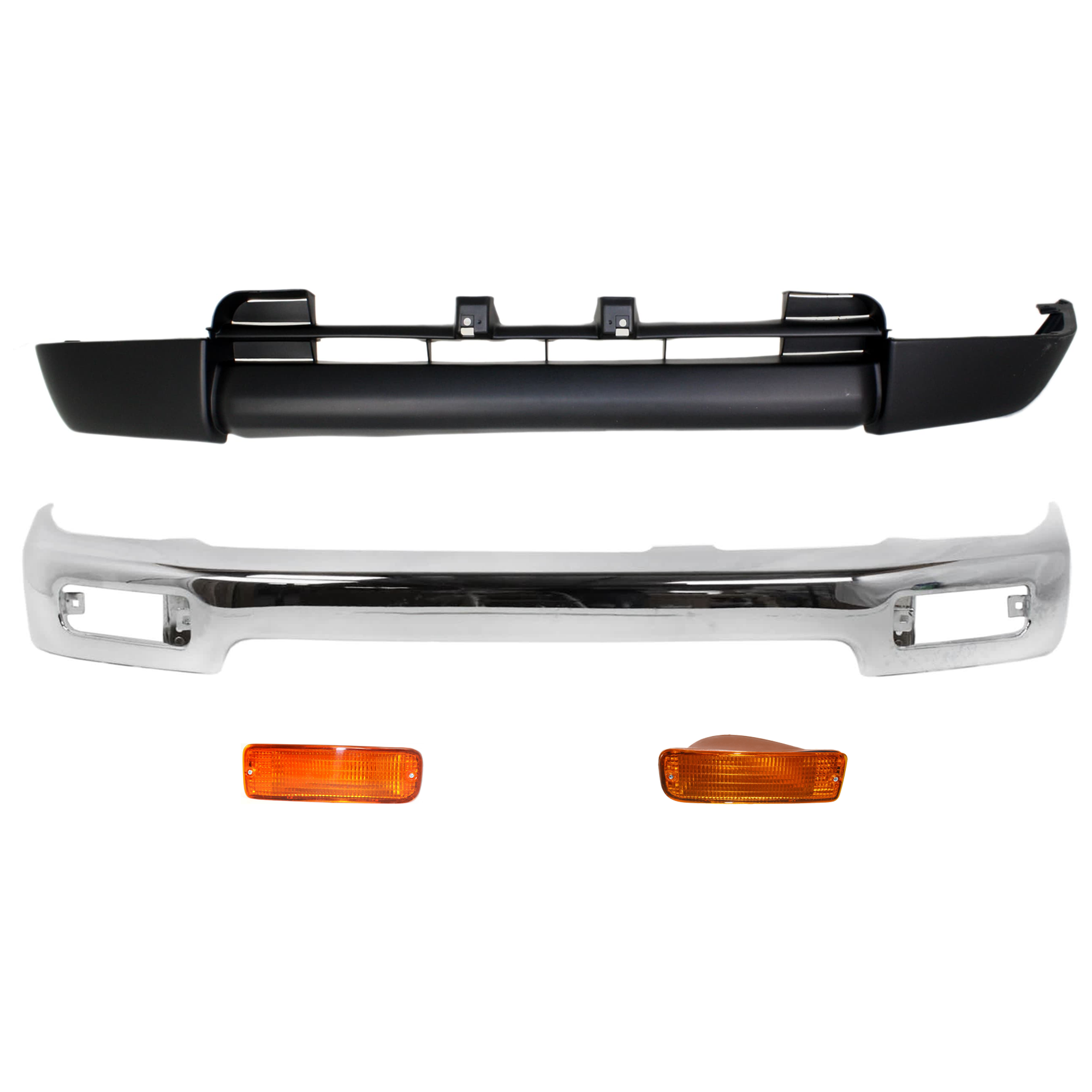 AM 4RUNNER 96-98 FRONT BUMPER 4 pc kit Face Bar Chrome with Turn Signal Light and Valance SKU KIT 072024-28 Partslink TO1002172 TO2531125 TO2530125 TO1095178 OEM 5210135320-8151035120-81520351