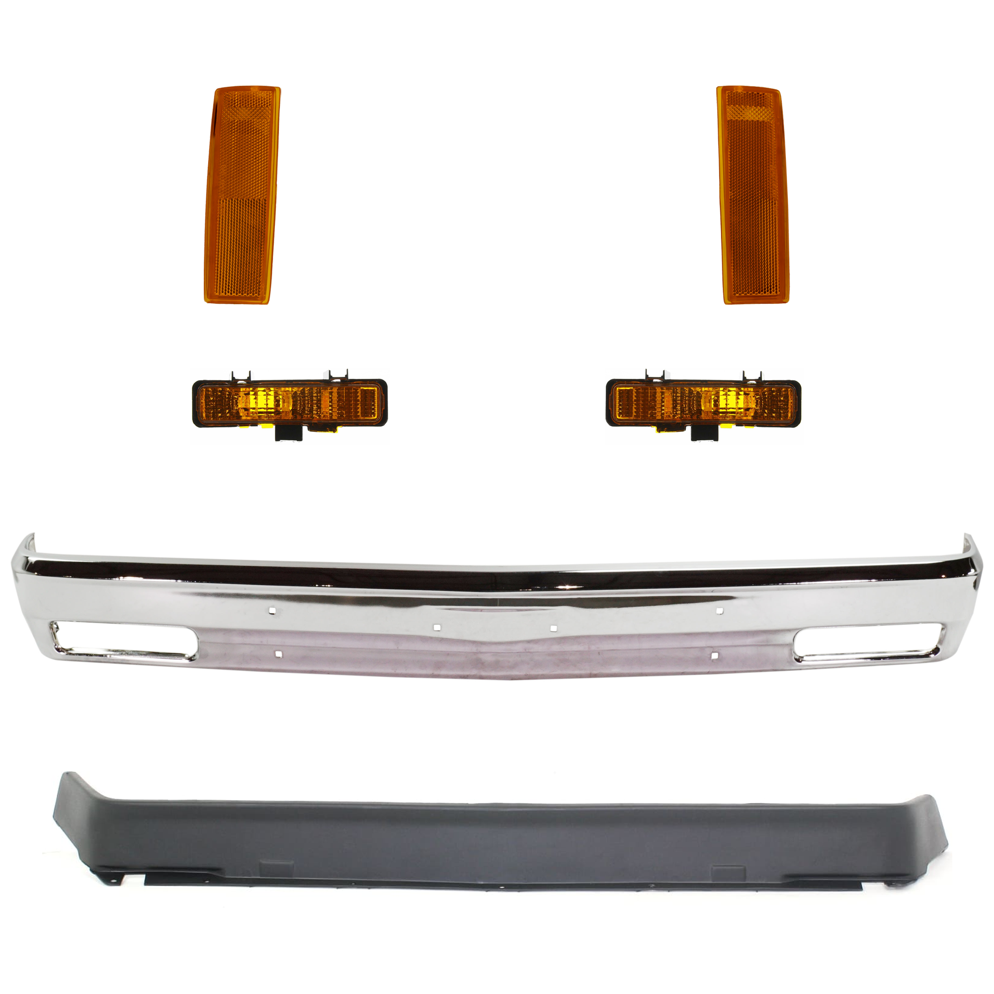 AM S10 S15-82-90 FRONT BUMPER 6 pc kit Chrome w o Molding Holes with Corner Light Turn Signal Light and Valance SKU KIT 072024-34 Partslink GM1002365 GM2551108 GM2550116 GM2521109 GM2520109 GM1090104 OEM 14033726-929918-929917-5976644