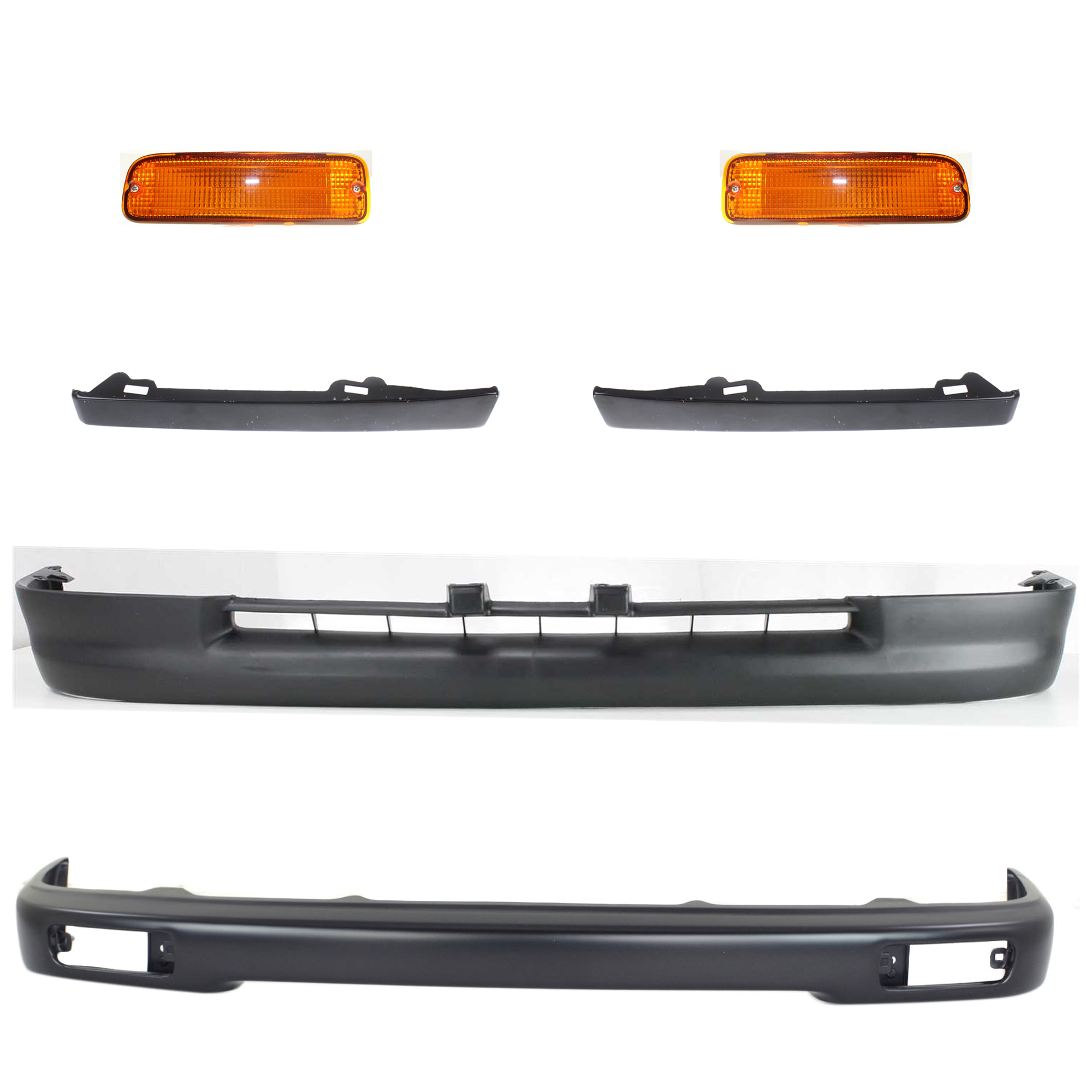 AM TACOMA 95-96 FRONT BUMPER 6 pc kit Black with Headlight Filler Turn Signal Light and Valance SKU KIT 072024-35 Partslink TO1002153 TO1089101 TO1088101 TO2531119 TO2530119 TO1095169 OEM 5210104050-5251235010-52513350
