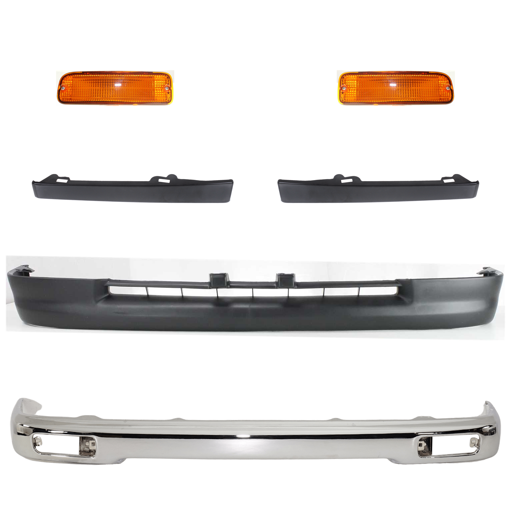 AM TACOMA 97-97 FRONT BUMPER 6 pc kit Chrome with Bumper Filler Turn Signal Light and Valance SKU KIT 072024-36 Partslink TO1002154 TO1089102 TO1088102 TO2531119 TO2530119 TO1095169 OEM 5210104060-5251235040-52513350