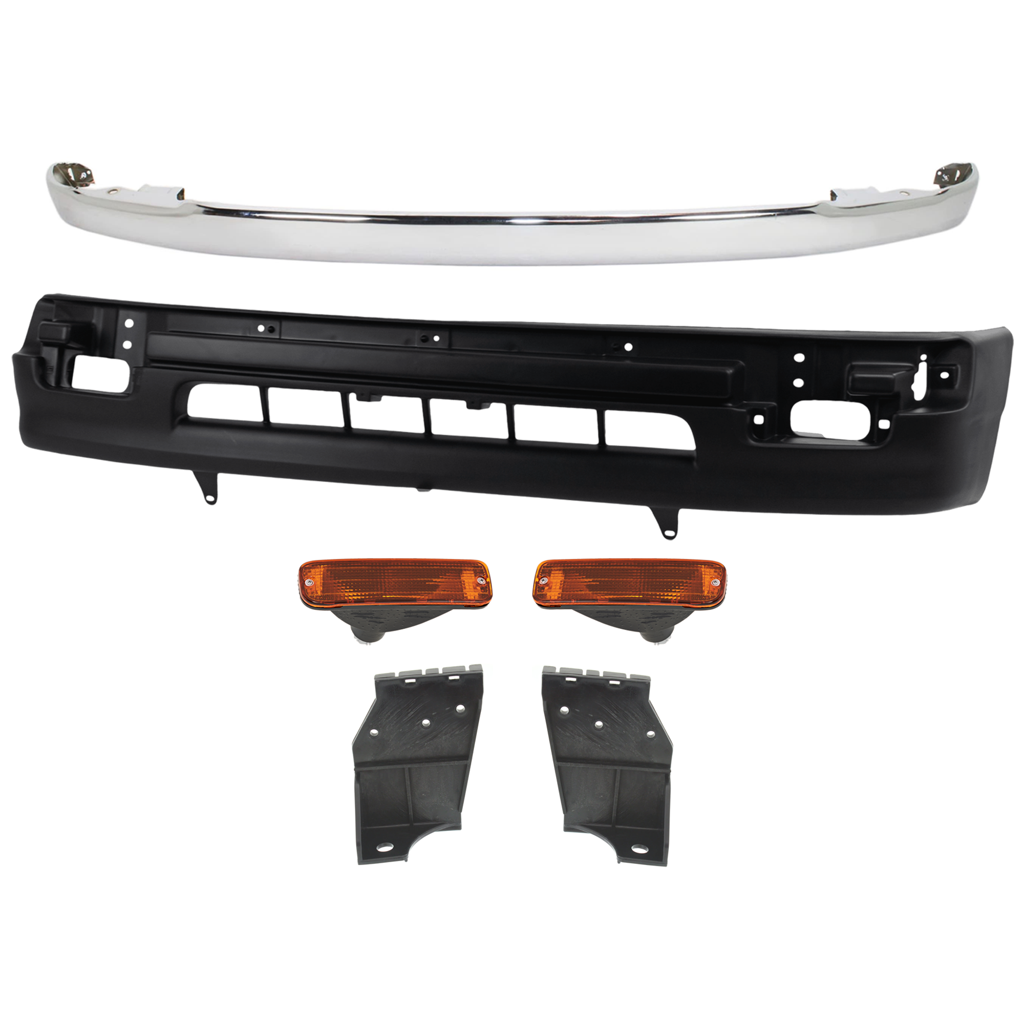 AM TACOMA 98-00 FRONT BUMPER MOLDING 6 pc kit Chrome with Bumper Bracket Turn Signal Light and Valance SKU KIT 072024-37 Partslink TO1002165 TO1042105 TO1043105 TO2531122 TO2530122 TO1095171 OEM 5210104090-5211635060-52115350