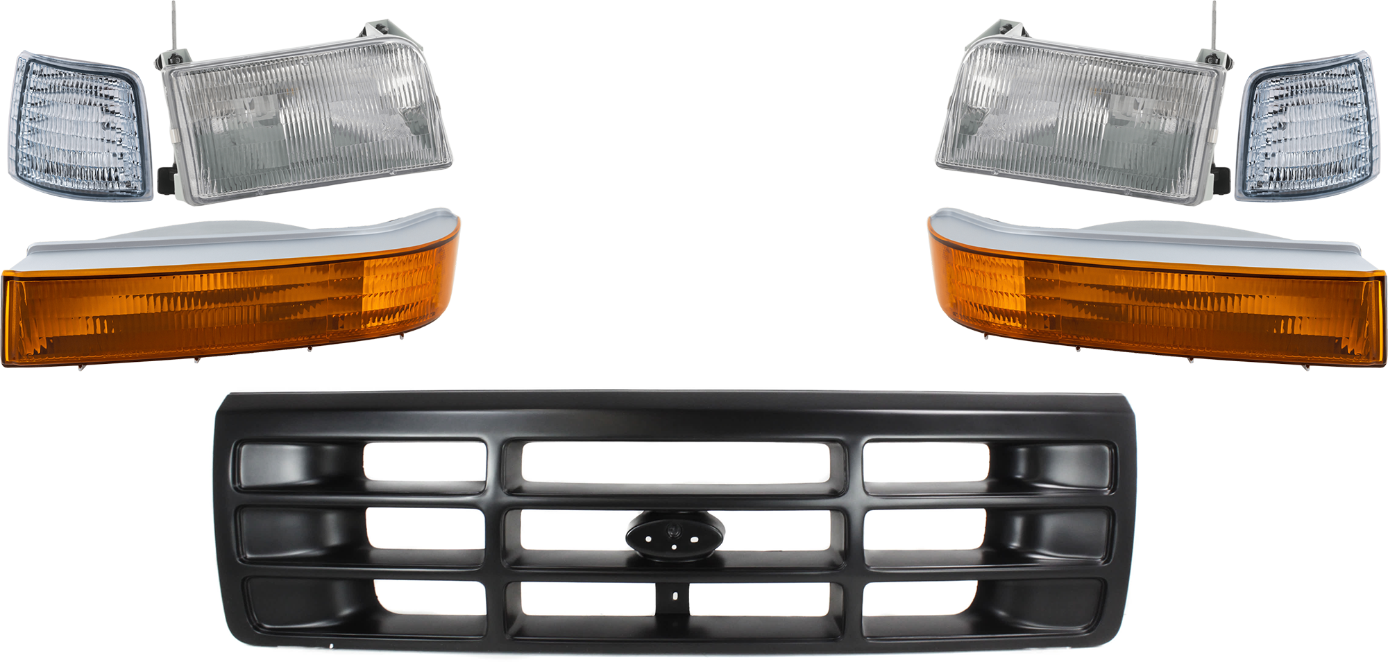 AM F SERIES 92-97 GRILLE 7 pc Kit Painted Black Shell and Insert with Corner Light Headlight and Turn Signal Light SKU KIT 072024-43 Partslink FO1200172 FO2550110 FO2551108 FO2502118 FO2503114 FO2520116 FO2521114 OEM F6TZ8200AAA F2TZ15A201D F2TZ15