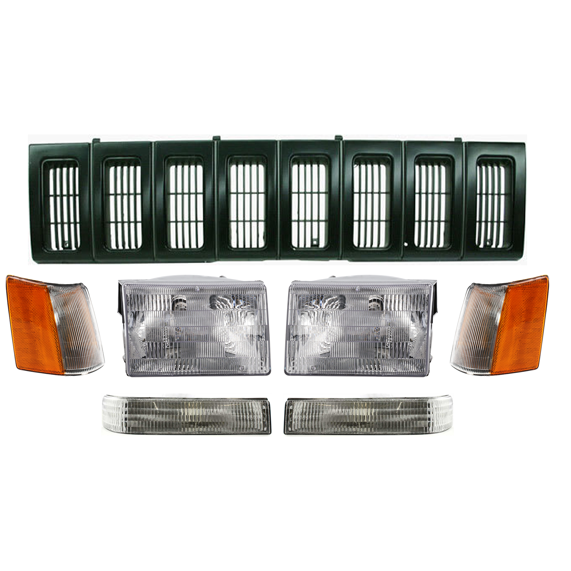 AM GRAND CHEROKEE 93-95 GRILLE 7 pc Kit Primed with Corner Light Headlight and Turn Signal Light SKU KIT 072024-44 Partslink CH1200142 CH2520121 CH2521121 CH2502104 CH2503104 CH2520120 CH2521120 OEM 5DF54MX8-56005105-56005104-551
