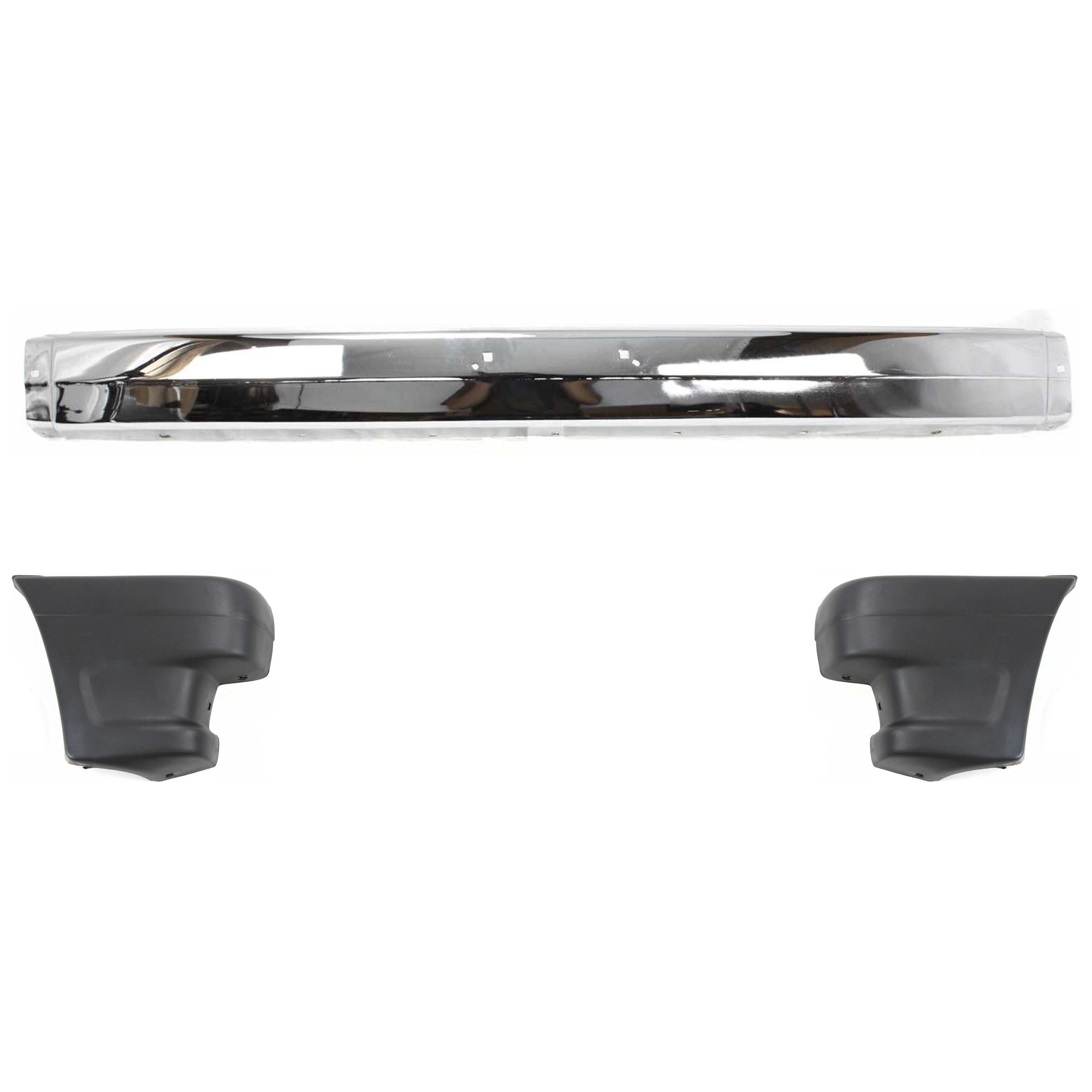 AM MAZDA PICKUP 86-93 FRONT BUMPER 3 pc kit w Bumper End Chrome w o Molding Holes 2WD SKU KIT 072024-49 Partslink MA1002129 MA1005112 MA1004104 OEM UE6050030B UB3950040A UB395005