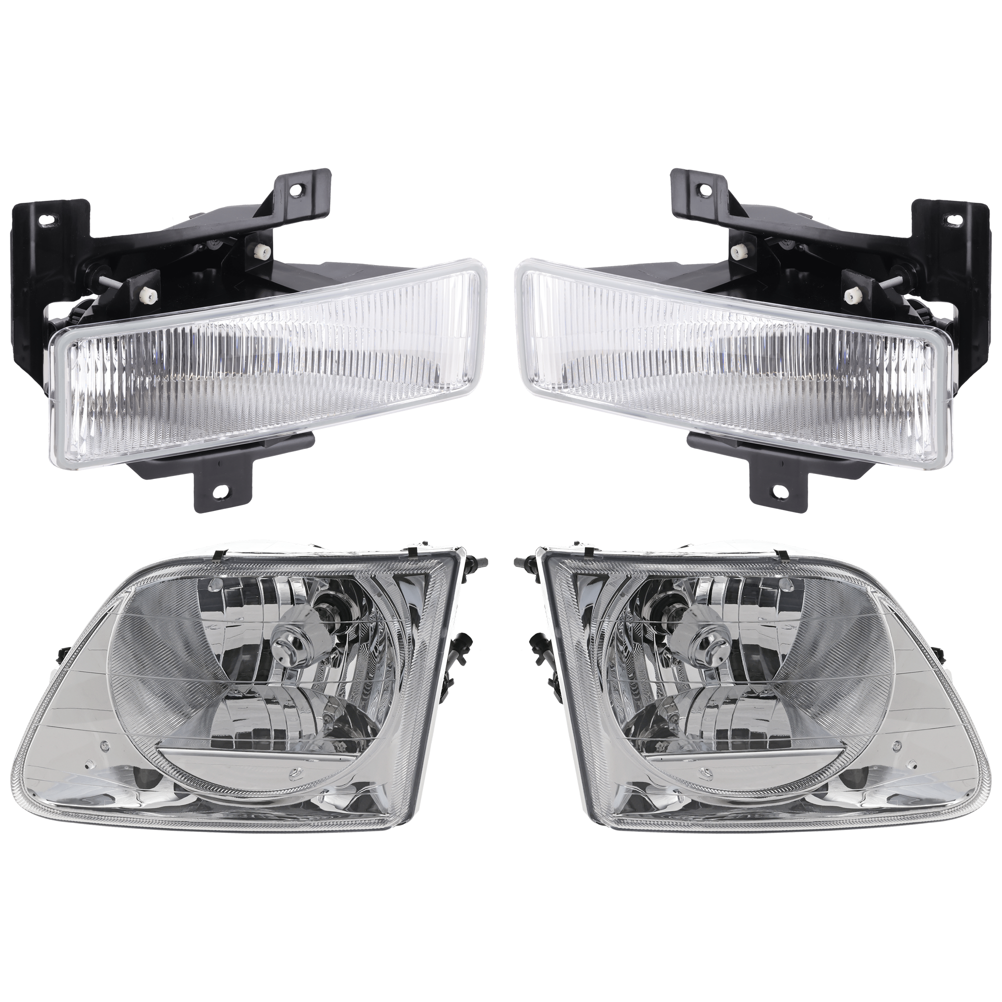 AM F 150-01-01 HEAD LAMP RH AND LH 4 pc Kit Assembly Halogen with Fog Light SKU KIT 072126-02 Partslink FO2502182 FO2503211 FO2593114 FO2592114 OEM 3L3Z13008FA 3L3Z13008GA F75Z15