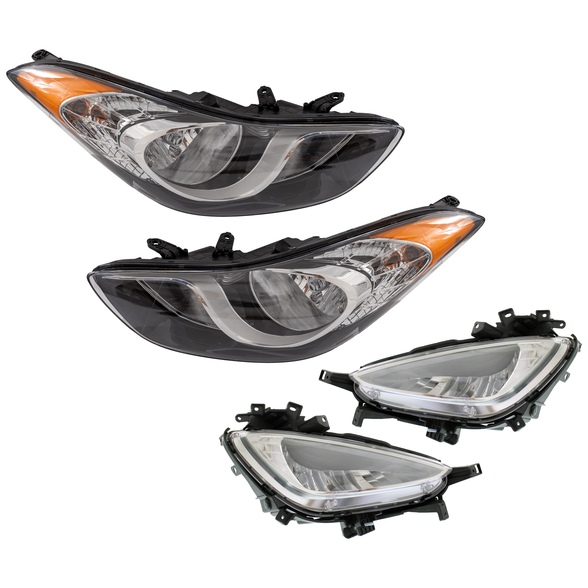 AM ELANTRA COUPE 13-14 HEAD LAMP RH AND LH 4 pc Kit Assembly Halogen with Fog Light SKU KIT 072126-100 Partslink HY2502164 HY2503164 HY2593143 HY2592143 OEM 921013X050-921023X050-922023X5