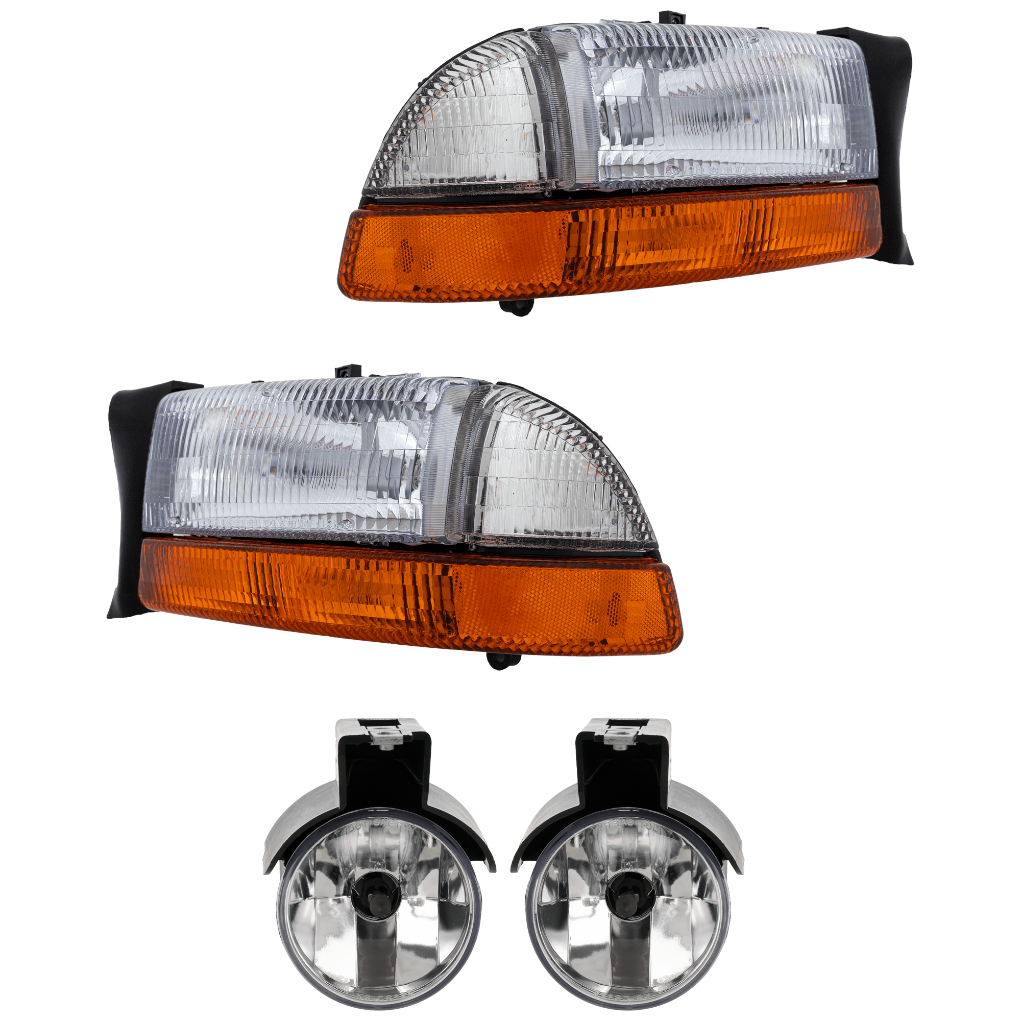 AM DAKOTA 97-97 DURANGO 98-98 HEAD LAMP RH AND LH 4 pc Kit Assembly Halogen with Fog Light SKU KIT 072126-137 Partslink CH2502117 CH2503117 CH2593104 CH2592104 OEM 5011406AA 5011407AA 55076792-5