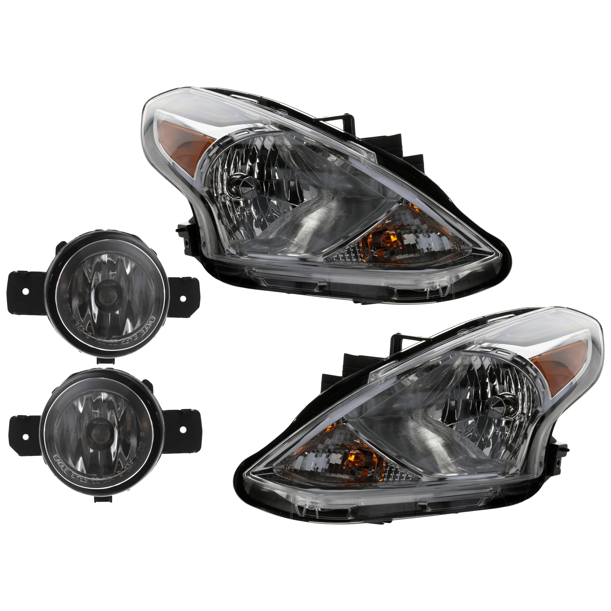 AM VERSA 15-19 HEAD LAMP RH AND LH 4 pc Kit Assembly Halogen with Fog Light SKU KIT 072126-140 Partslink NI2502230 NI2503230 NI2593122 NI2593117 NI2592122 NI2592117 OEM 260109KK0A 260609KK0A 261509B9