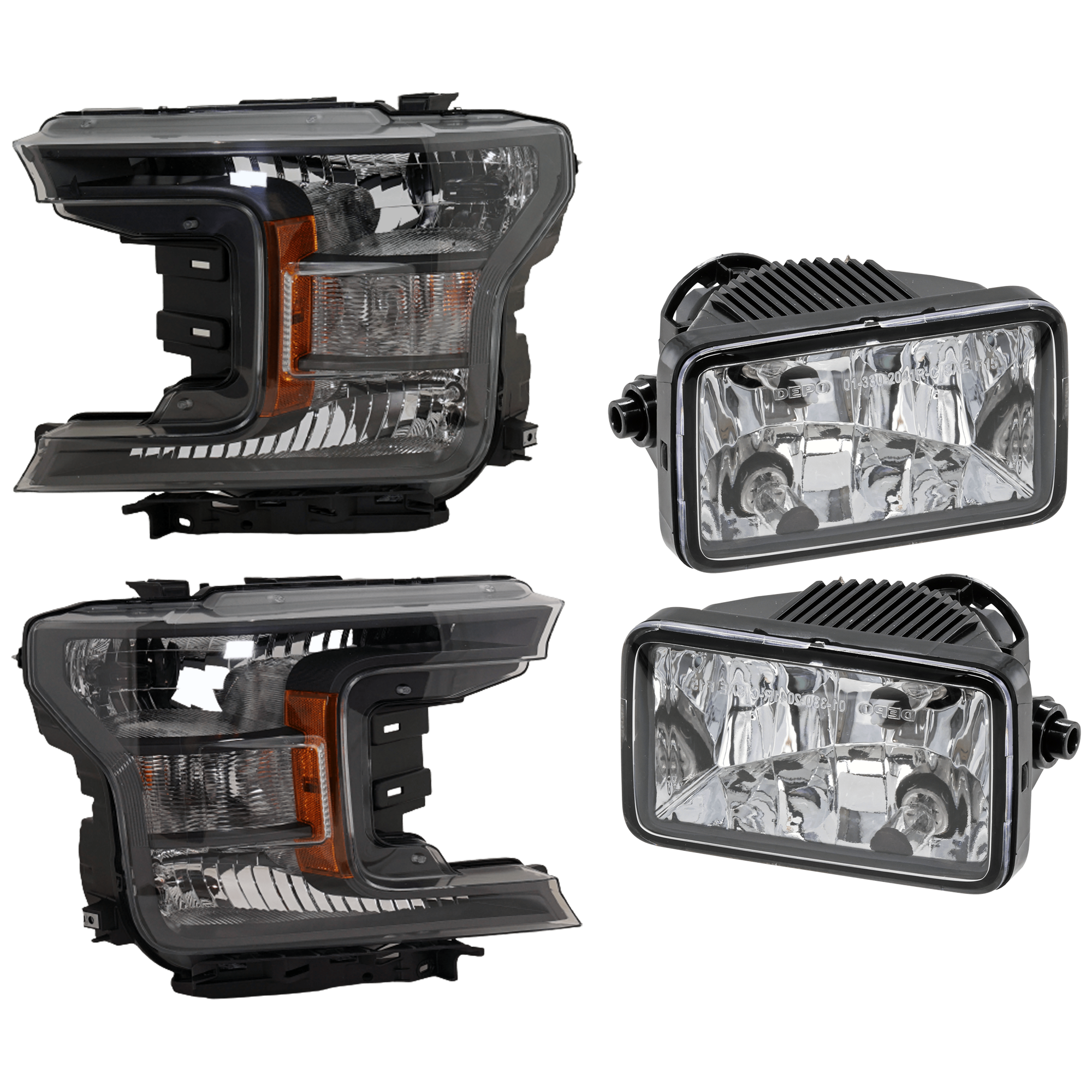 AM F 150-18-20 HEAD LAMP RH AND LH 4 pc Kit Assembly Halogen with Fog Light SKU KIT 072126-153 Partslink FO2502373 FO2518146 FO2503373 FO2519146 FO2593235 FO2592235 OEM KL3Z13008A KL3Z13008B FL3Z1520