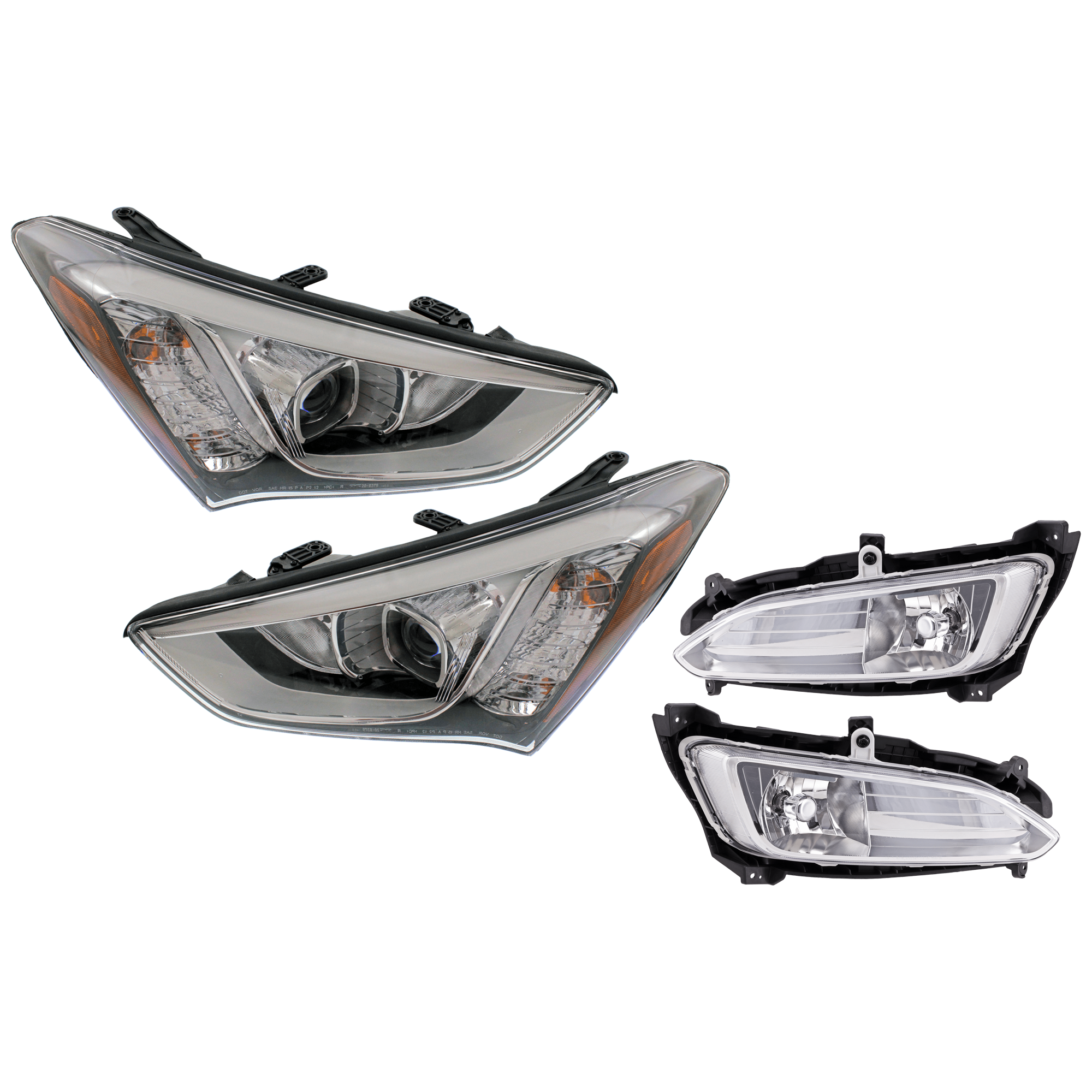 AM SANTA FE SPORT 13-16 HEAD LAMP RH AND LH 4 pc Kit Assembly Halogen with Fog Light SKU KIT 072126-156 Partslink HY2502169 HY2503169 HY2593141 HY2592141 OEM 921014Z010-921024Z010-922024Z0
