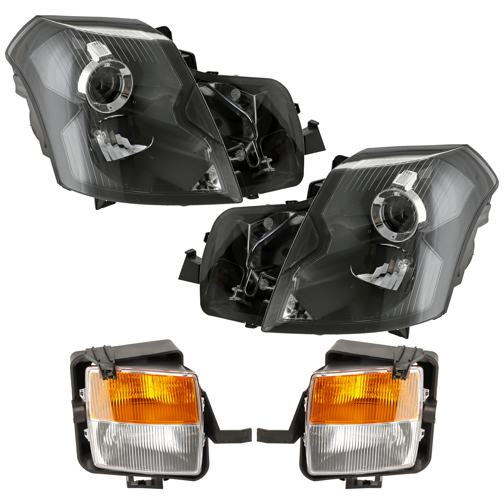 AM CTS 03-07 HEAD LAMP RH AND LH 4 pc Kit Assembly Halogen with Fog Light SKU KIT 072126-16 Partslink GM2502242 GM2503242 GM2531126 GM2530126 OEM 15826014-15826015-15930688-159