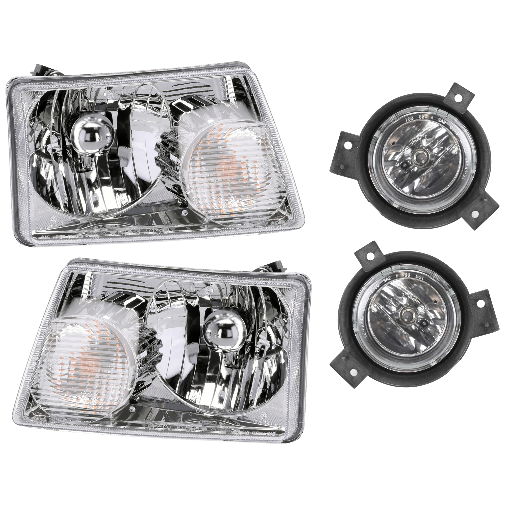 AM RANGER 01-03 HEAD LAMP RH AND LH 4 pc Kit Assembly Halogen with Fog Light SKU KIT 072126-208 Partslink FO2502173 FO2503173 FO2593184 FO2592184 OEM 6L5Z13008AA 6L5Z13008BA 1L5Z15