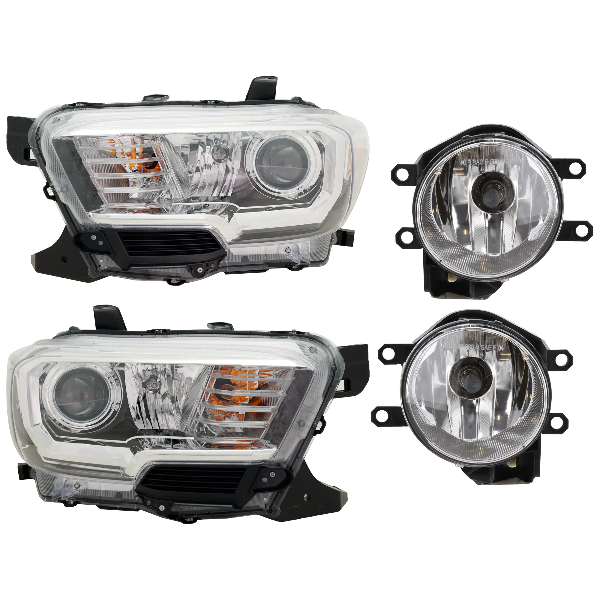 AM TACOMA 18-18 HEAD LAMP RH AND LH 4 pc Kit Assembly Halogen with Fog Light SKU KIT 072126-215 Partslink TO2502266C TO2503266C TO2593129C TO2592129C OEM 8111004261-8115004261-81210021
