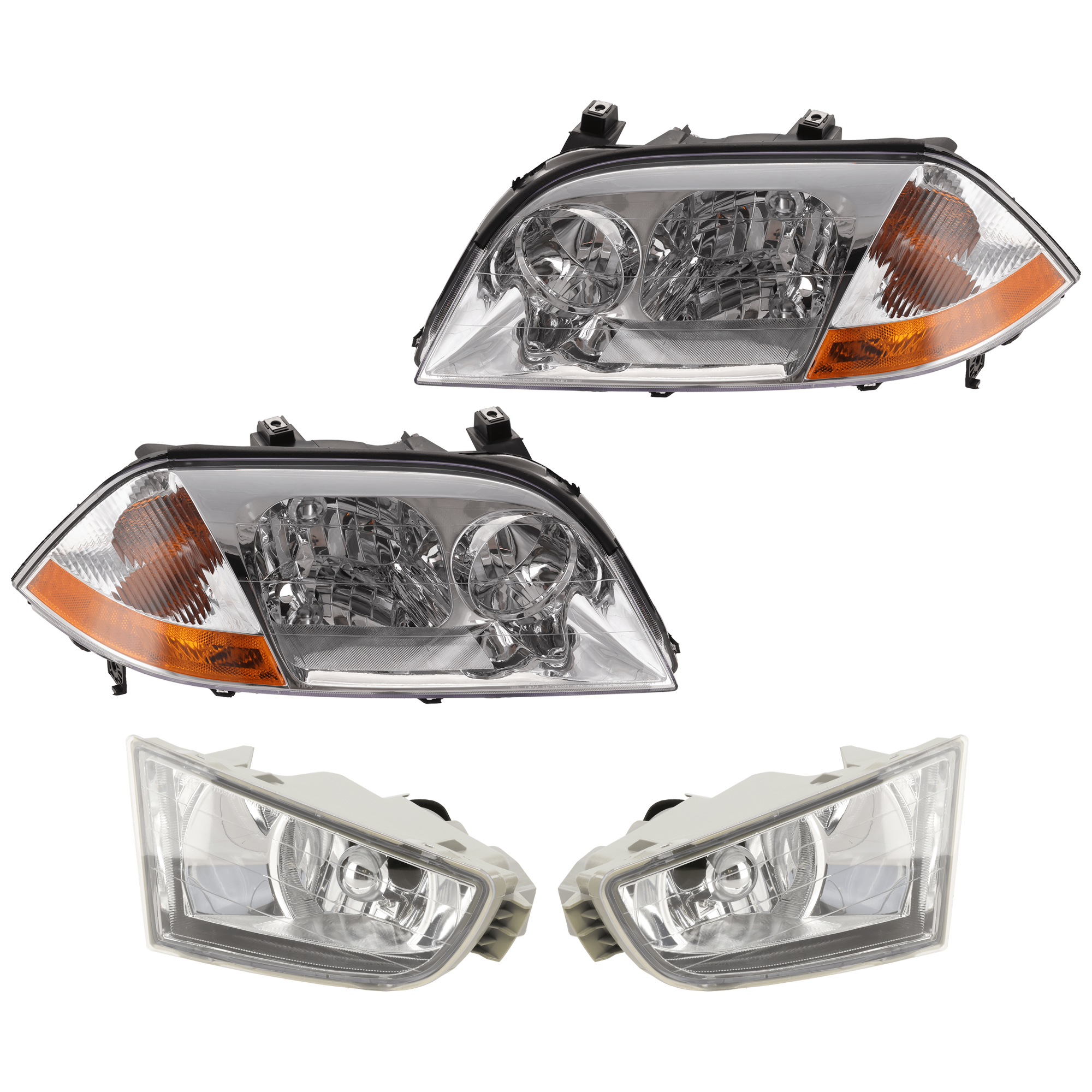 AM MDX 01-03 HEAD LAMP RH AND LH 4 pc Kit Lens and Housing Halogen with Fog Light SKU KIT 072126-21 Partslink AC2518103 AC2519103 AC2593103 AC2592103 OEM 33101S3VA01-33151S3VA01-33901S