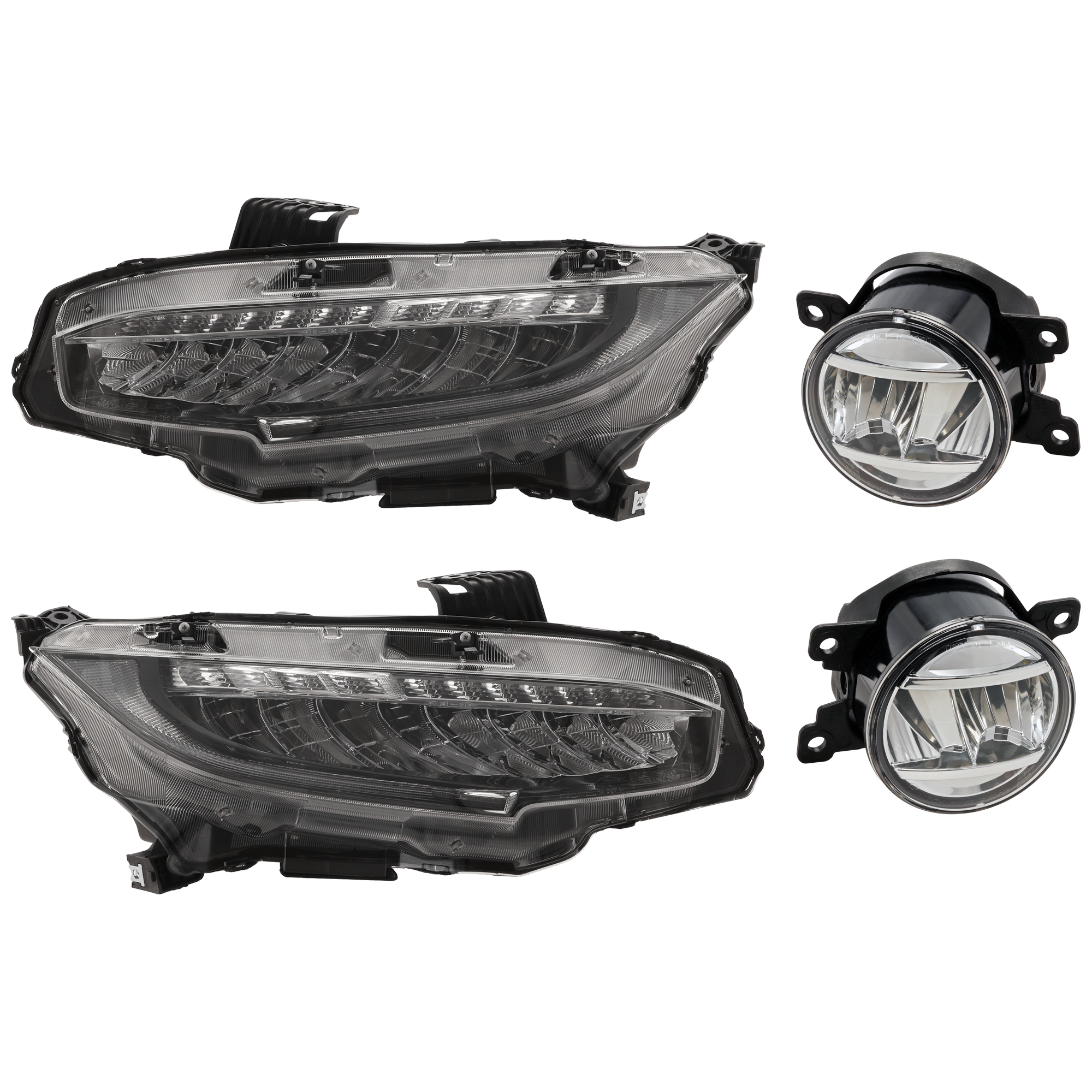 AM CIVIC 17-21 HEAD LAMP RH AND LH 4 pc Kit Assembly LED with Fog Light SKU KIT 072126-230 Partslink HO2502176 HO2503176 HO2593144 HO2592144 OEM 33100TBAA11-33150TBAA11-33900T