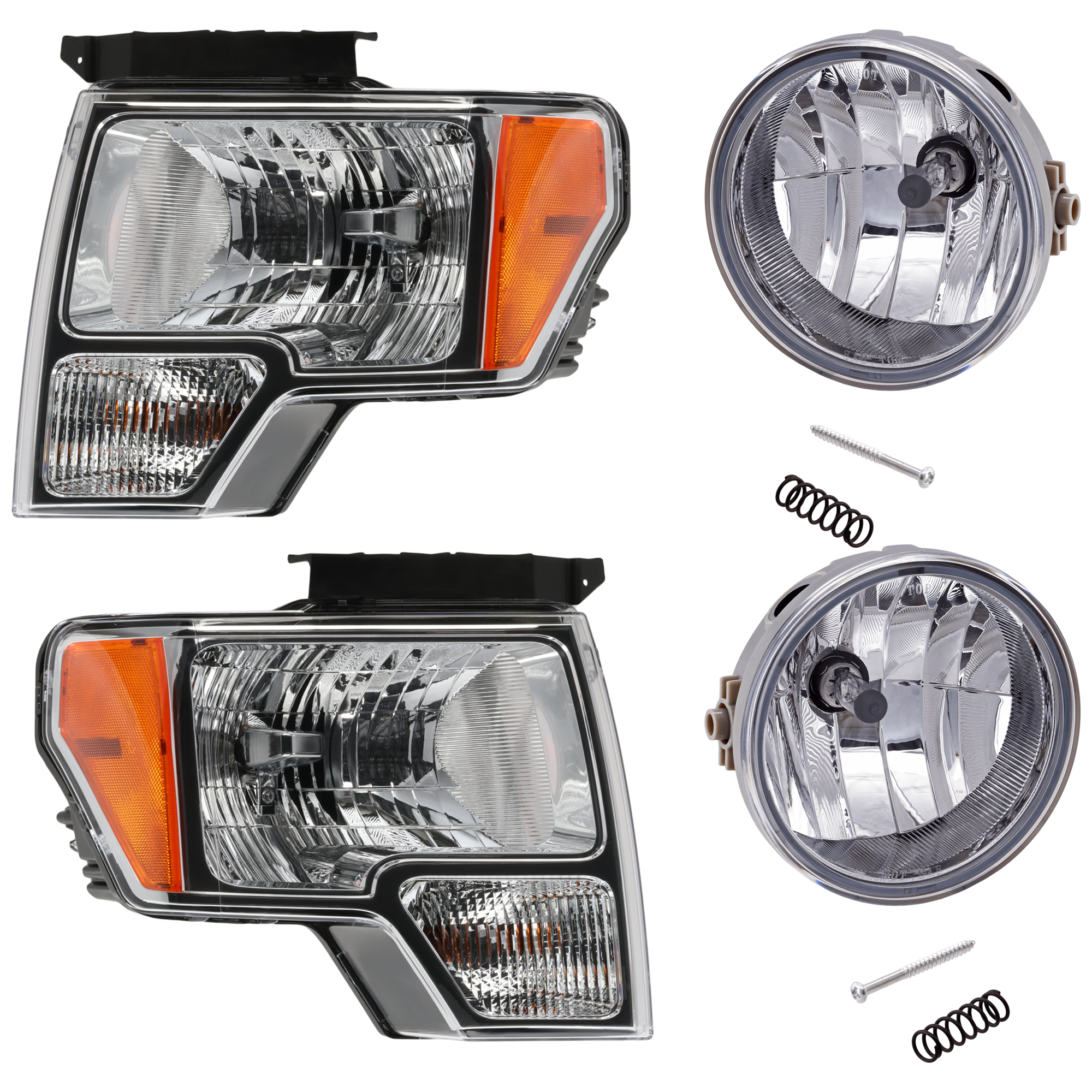 AM F 150-09-10 HEAD LAMP RH AND LH 4 pc Kit Assembly Halogen with Fog Light SKU KIT 072126-231 Partslink FO2502287 FO2502289 FO2503287 FO2503289 FO2593220 FO2592220 OEM DL3Z13008A DL3Z13008EB DL3Z130