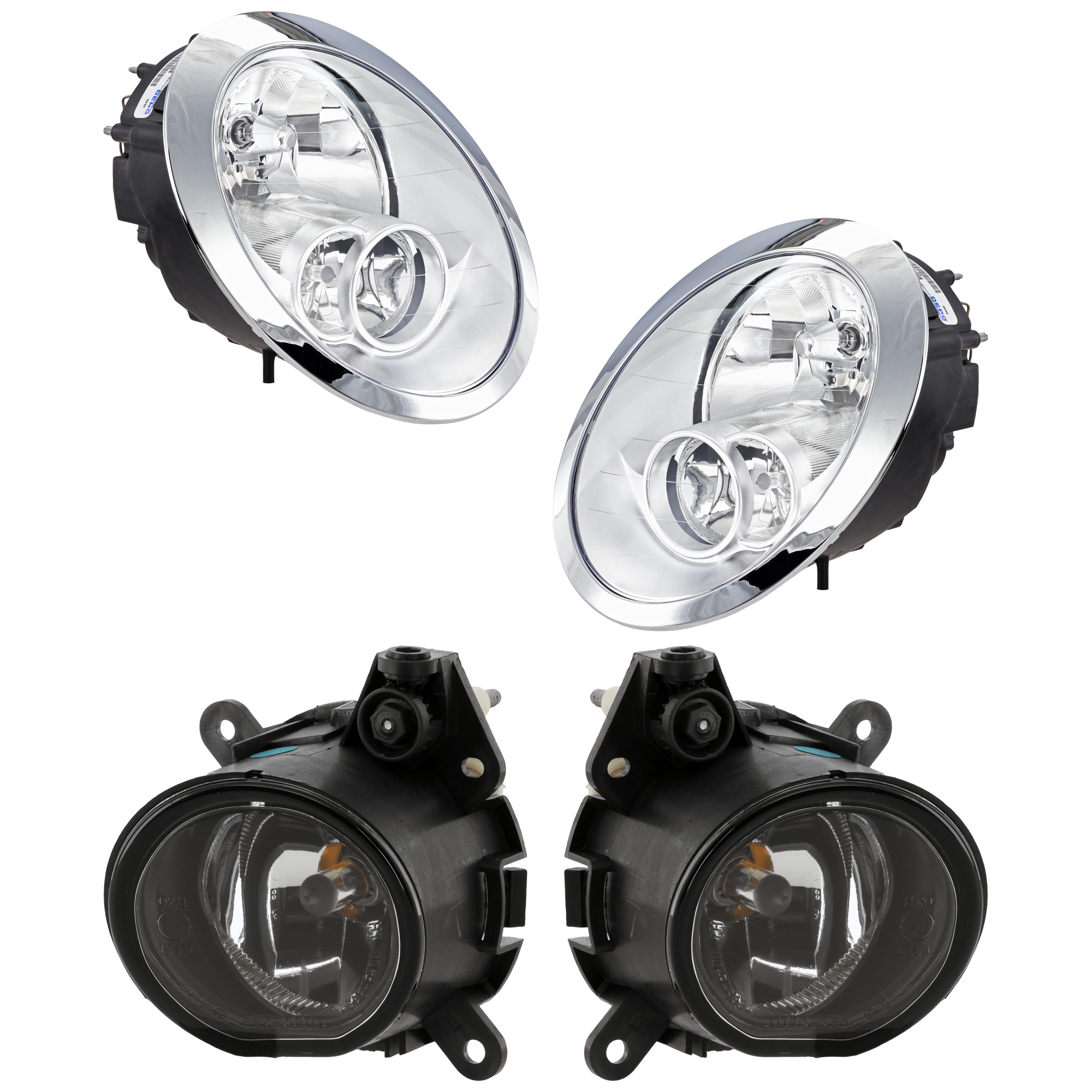 AM COOPER 05-08 HEAD LAMP RH AND LH 4 pc Kit Assembly Halogen with Fog Light SKU KIT 072126-23 Partslink MC2502102 MC2503102 MC2593101 MC2592101 OEM 63127198733-63127198734-631769
